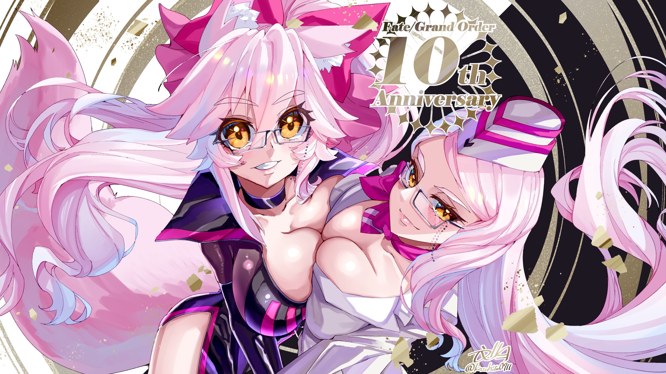 fumizuki kazuhito, koyanskaya (assassin) (first ascension) (fate), koyanskaya (fate), koyanskaya (foreigner) (first ascension) (fate), fate/grand order, fate (series), commentary, highres, 2girls, animal ear fluff, animal ears, anniversary, artist name, black bodysuit, black choker, black gloves, blush, bodysuit, breast press, breasts, choker, cleavage, copyright name, dual persona, elbow gloves, fox ears, fox girl, fox tail, garrison cap, glasses, gloves, grin, hair between eyes, hair ribbon, hat, large breasts, long hair, looking at viewer, multiple girls, pink hair, pink ribbon, ribbon, side ponytail, signature, smile, tail, teeth, twitter username, yellow eyes