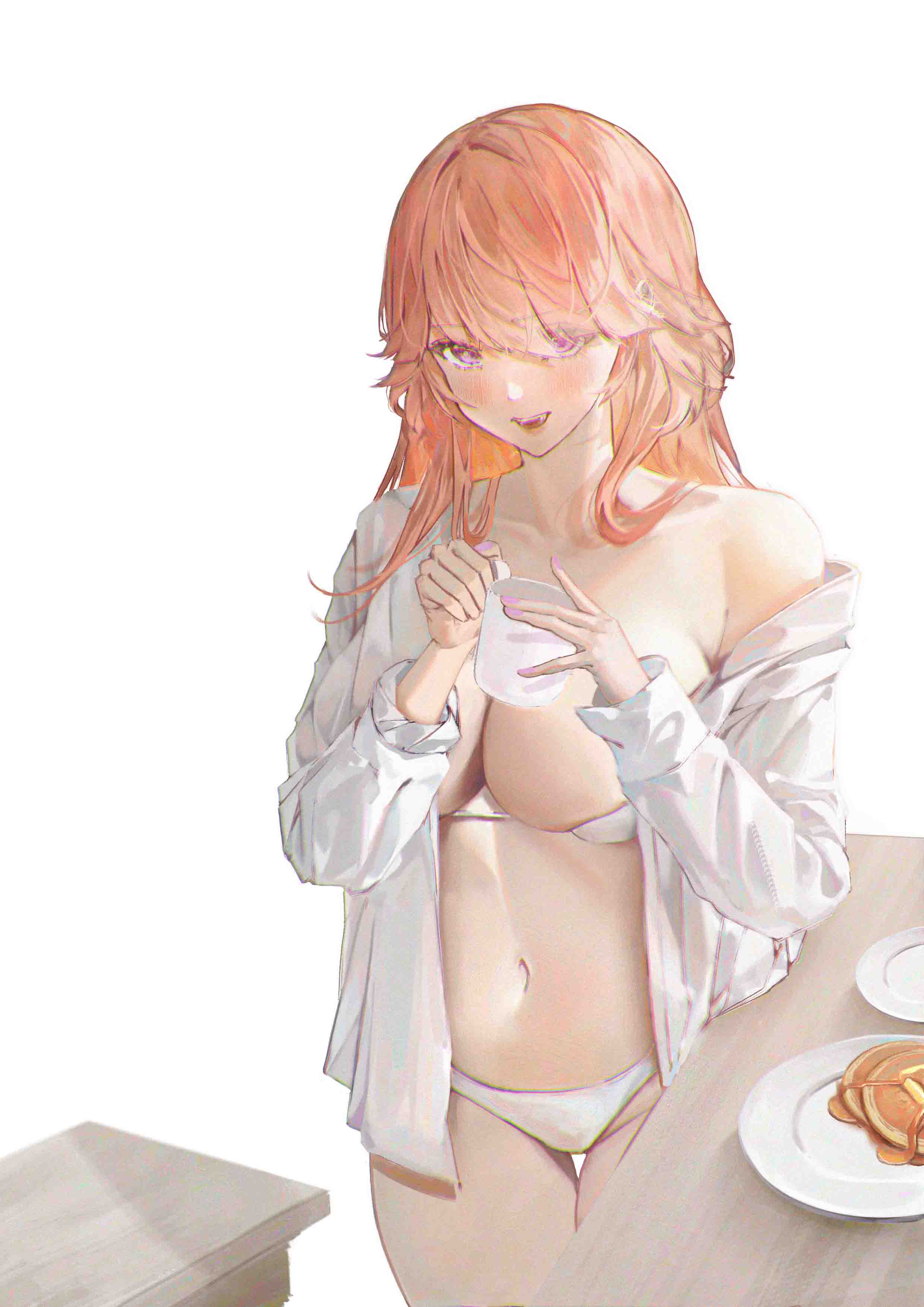 satoki, takanashi kiara, hololive, hololive english, absurdres, highres, 1girl, alternate costume, bra, breasts, cleavage, cup, food, holding, holding cup, large breasts, looking at viewer, navel, orange hair, pancake, panties, purple eyes, shirt, smile, solo, underwear, virtual youtuber, white bra, white panties, white shirt