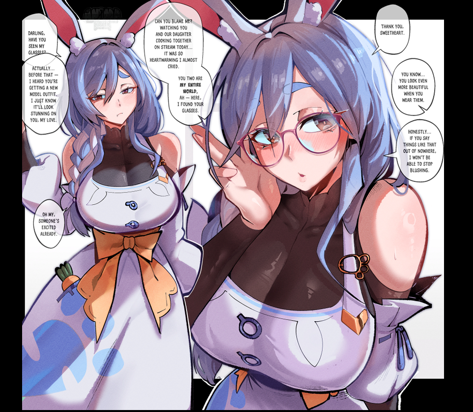 animahakim, pekomama, pekomama (1st costume), hololive, 1girl, animal ears, apron, black bodysuit, blue hair, bodysuit, braid, braided ponytail, breasts, cleavage, closed mouth, glasses, hair over shoulder, large breasts, looking at viewer, mature female, open mouth, ponytail, rabbit ears, rabbit girl, red eyes, solo, virtual youtuber, white apron, white hair