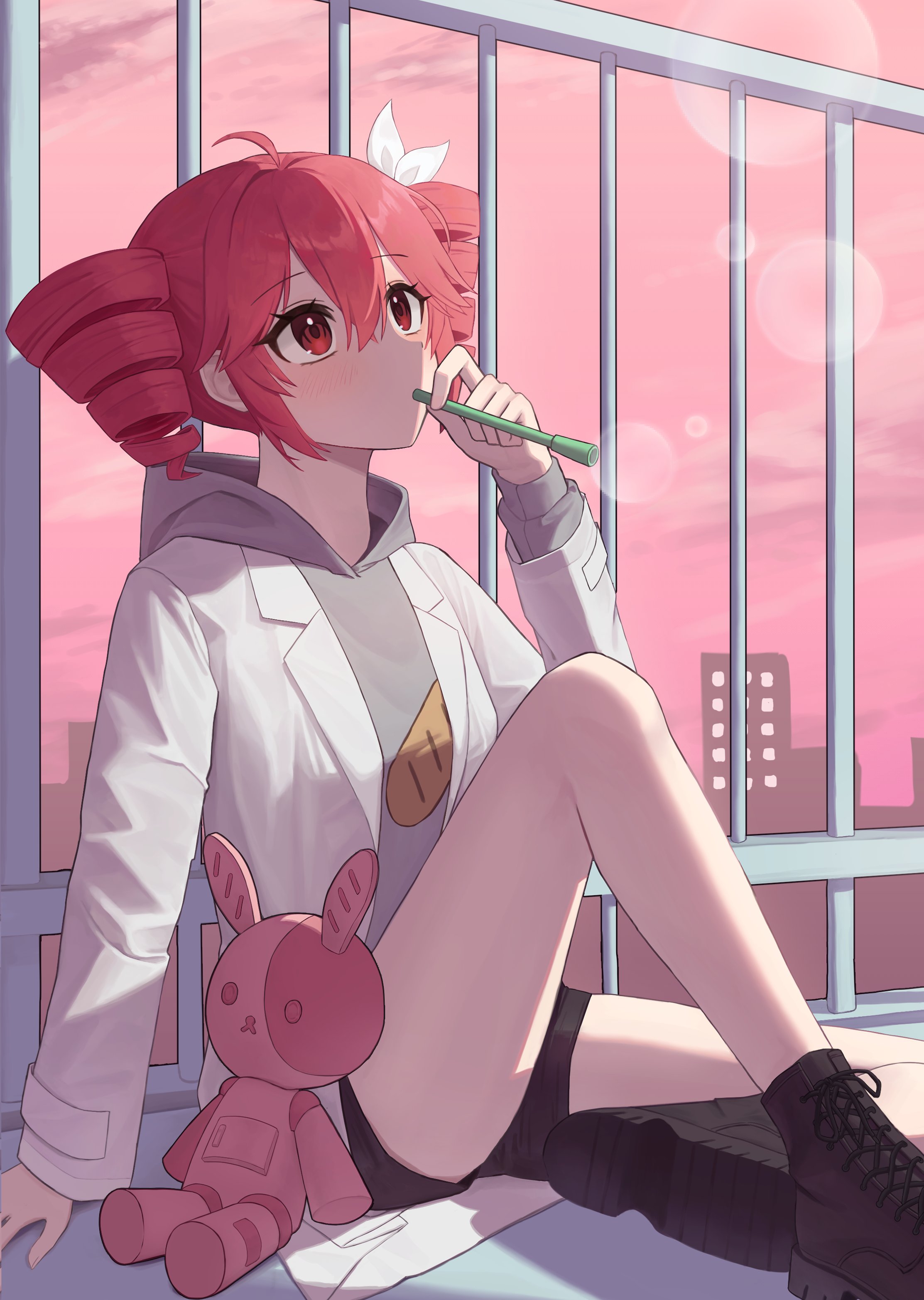kasane teto, science (synthesizer v), synthesizer v, utau, absurdres, hashtag-only commentary, highres, 1girl, ahoge, black shorts, boots, bread print, brown boots, building, double-parted bangs, drill hair, grey hoodie, grn byc, hair between eyes, hair ribbon, hood, hood down, hoodie, jacket, lace-up boots, looking up, open clothes, open jacket, outdoors, pink sky, rabbit, red eyes, red hair, ribbon, short hair, shorts, sitting, sky, twin drills, white jacket, white ribbon