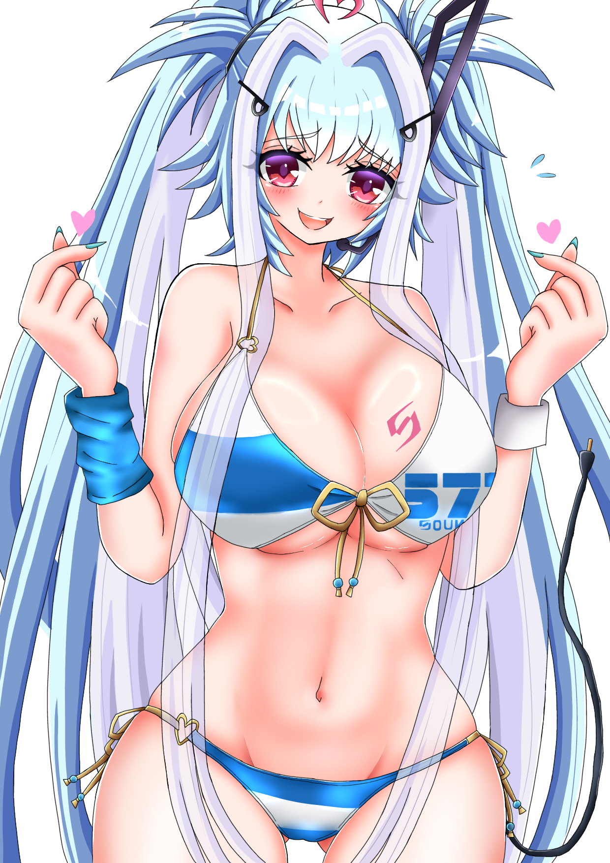 ichika (bemani), bemani, sound voltex, highres, 1girl, aqua nails, bikini, blue bikini, blue hair, breasts, double finger heart, finger heart, fingernails, hair ornament, hatenaasaki, heart, large breasts, long hair, looking at viewer, multicolored bikini, multicolored hair, nail polish, navel, red eyes, red hair, simple background, smile, solo, swimsuit, very long hair, white background, white bikini, white hair