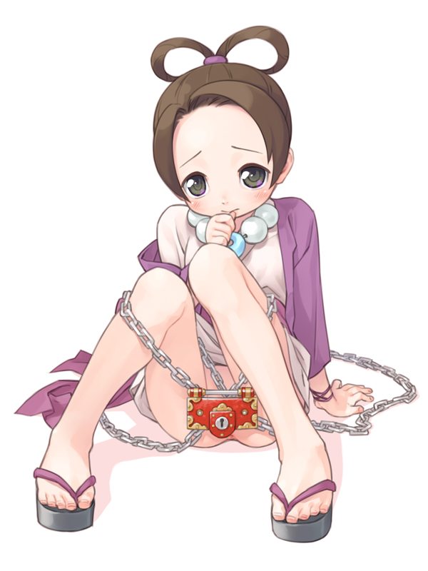 mizuki kotora, pearl fey, ace attorney, capcom, bad id, bad pixiv id, 1girl, arm support, black eyes, blush, brown hair, chain, feet, female focus, lock, loli, psyche lock, sandals, sitting, solo, toes
