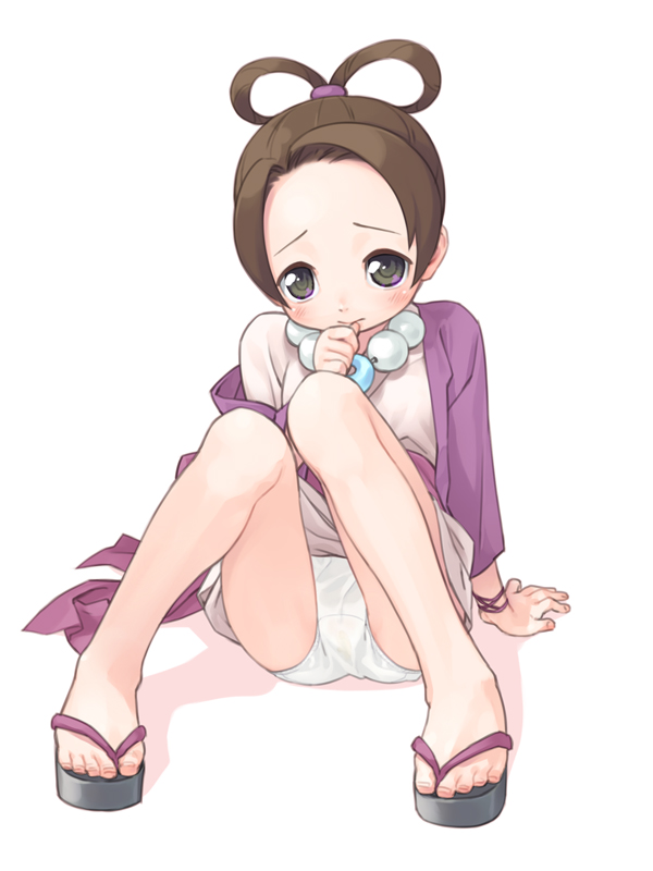 mizuki kotora, pearl fey, ace attorney, capcom, bad id, bad pixiv id, 1girl, arm support, black eyes, black sandals, blush, bracelet, brown hair, embarrassed, feet, female focus, haori, japanese clothes, jewelry, kimono, loli, magatama, necklace, obi, off shoulder, panties, pink kimono, sandals, sash, sitting, solo, toes, underwear, white background, white panties