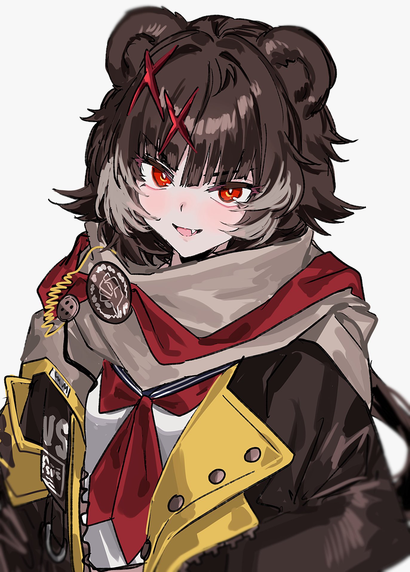 aogisa, leto (arknights), arknights, highres, 1girl, animal ears, badge, bear ears, bear girl, blush, brown coat, brown hair, brown scarf, button badge, coat, colored tips, dot nose, fang, grey hair, hair ornament, long sleeves, looking at viewer, medium hair, multicolored hair, neckerchief, open clothes, open coat, red eyes, red neckerchief, scarf, school uniform, serafuku, shirt, simple background, solo, unzipped, upper body, white background, white shirt, x hair ornament