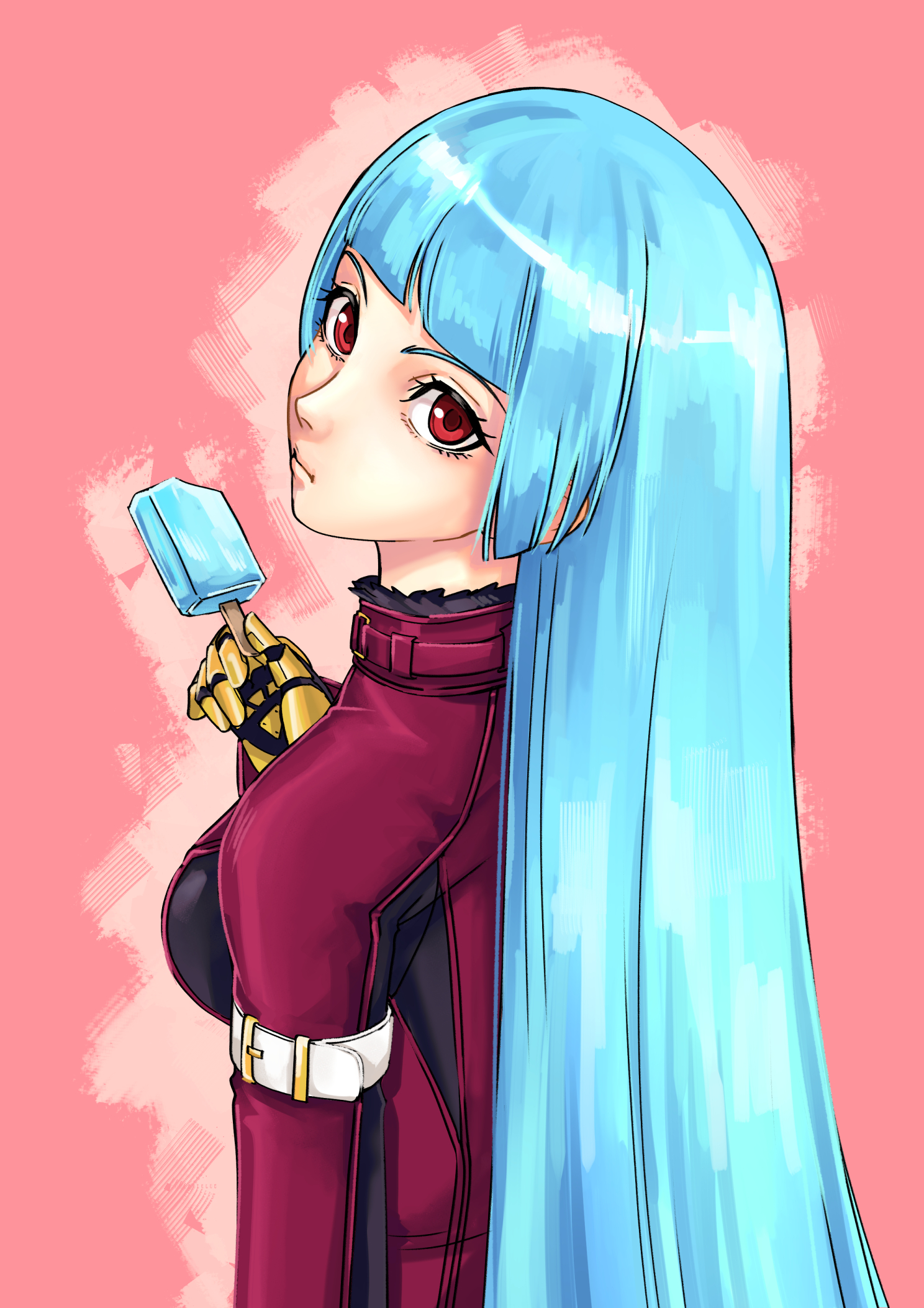kd kaewdesu, kula diamond, the king of fighters, highres, arm belt, belt, blue hair, eating, food, from behind, holding, holding food, holding popsicle, long hair, long sleeves, looking at viewer, popsicle, red eyes, white belt