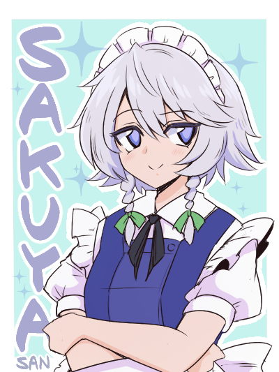 shio (futatsumami), izayoi sakuya, touhou, apron, blue dress, blue eyes, blush, braid, dress, frilled apron, frills, grey hair, hat, maid, mob cap, short hair, side braid, white apron