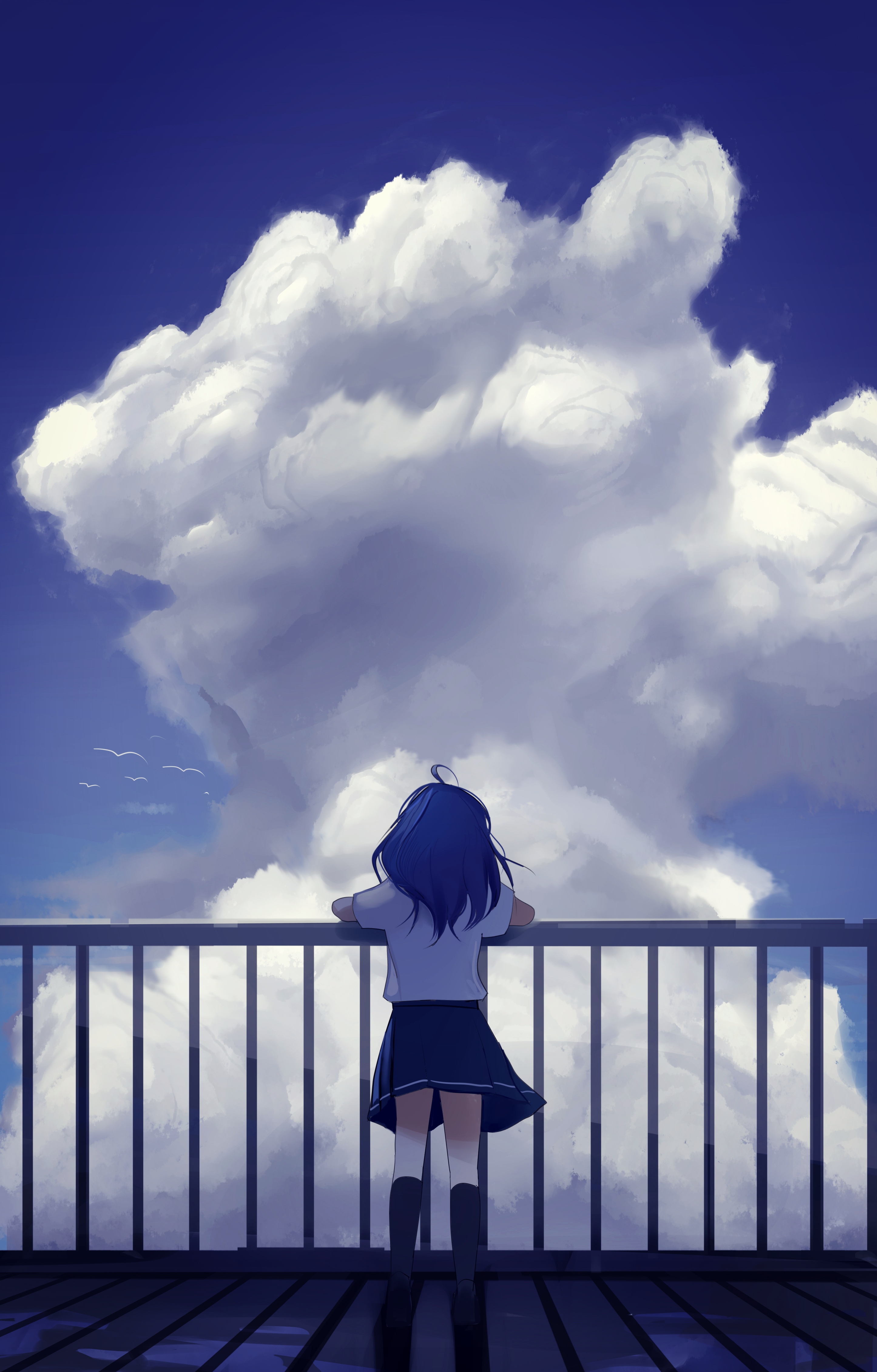 yanami anna, absurdres, highres, 1girl, ahoge, blue hair, cloud, cumulonimbus cloud, kneehighs, medium hair, on roof, outdoors, pleated skirt, scenery, school uniform, shadow, shirt, simple bird, skirt, sky, socks, summer, t-shirt, user hjhu7475, white shirt