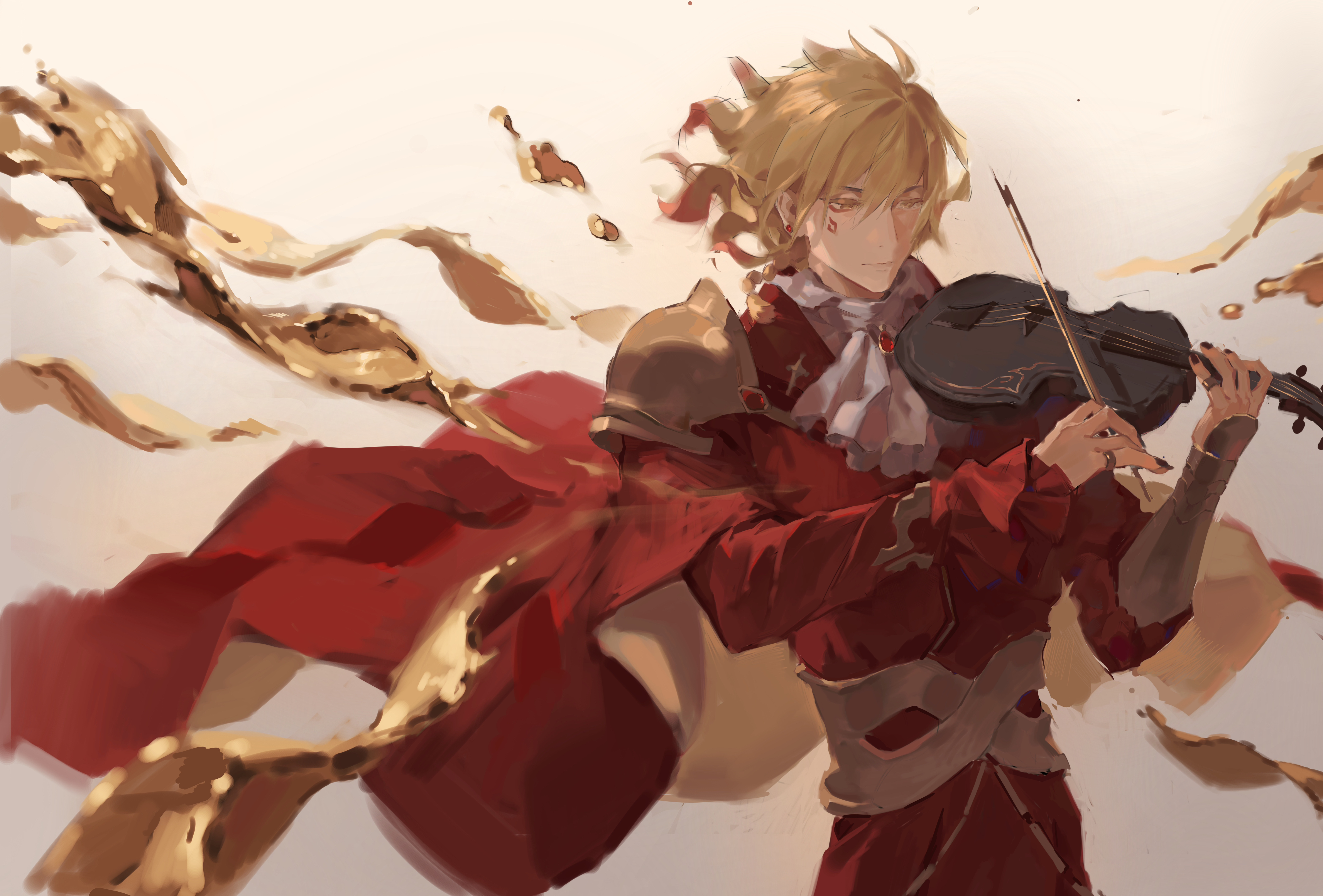 mydei (honkai: star rail), honkai: star rail, honkai (series), absurdres, chinese commentary, commentary request, highres, 1boy, ascot, black nails, blonde hair, braid, cape, coat, facial tattoo, floating cape, gradient hair, holding, holding instrument, holding violin, instrument, male focus, maoqiu hua bu wan le, medium hair, multicolored hair, music, playing instrument, red cape, red coat, red hair, red tattoo, side braid, solo, tattoo, violin, white ascot, yellow eyes