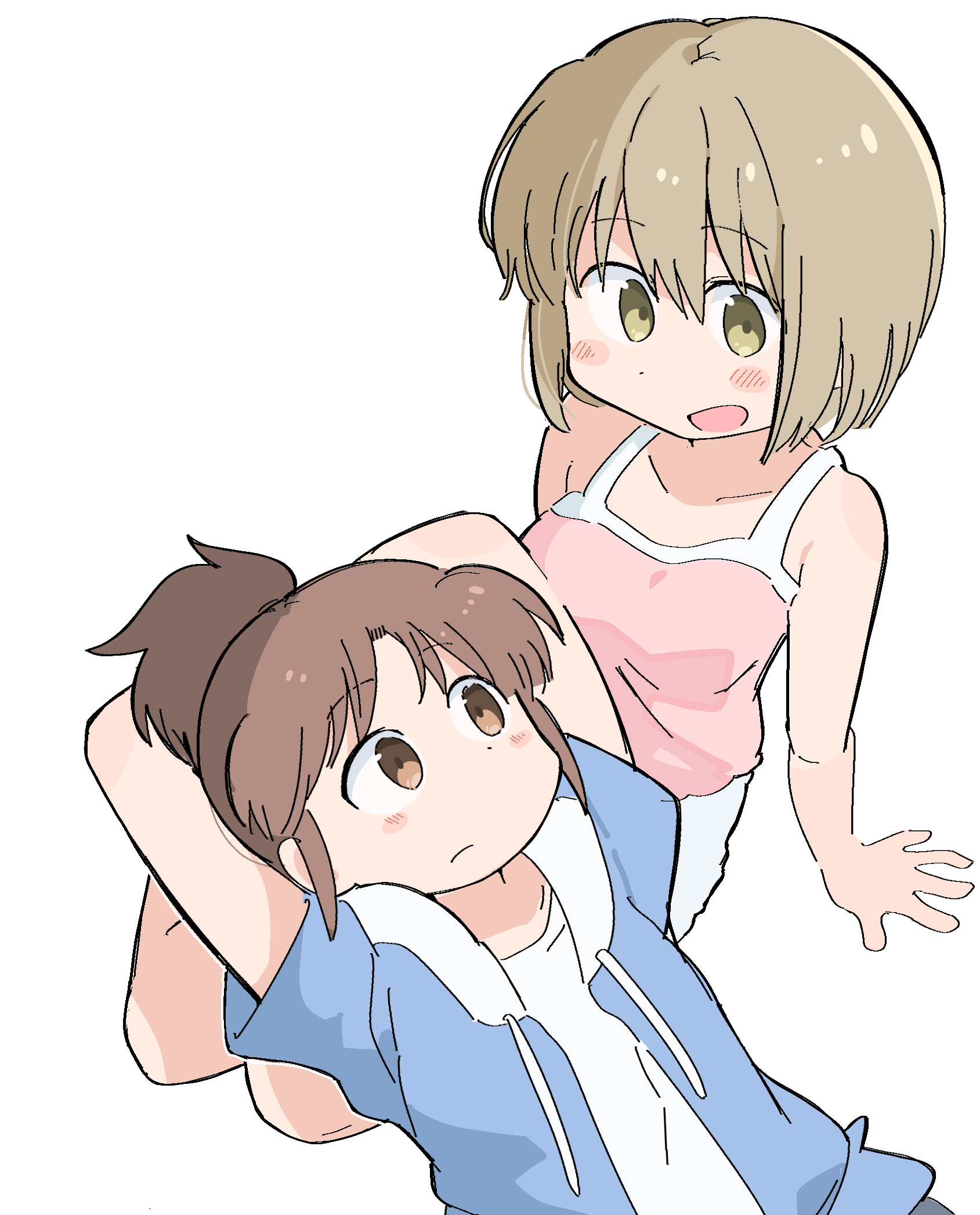 ayumu niikura, nagumo midori, city (arawi keiichi), highres, 2girls, arms behind head, blonde hair, blue hoodie, blush stickers, breasts, brown hair, camisole, closed mouth, collarbone, from above, hood, hood down, hoodie, lap pillow, looking at another, medium breasts, medium hair, multiple girls, open mouth, pink camisole, ponytail, short hair, shorts, sidelocks, simple background, white background, white shorts, wichimi, yellow eyes
