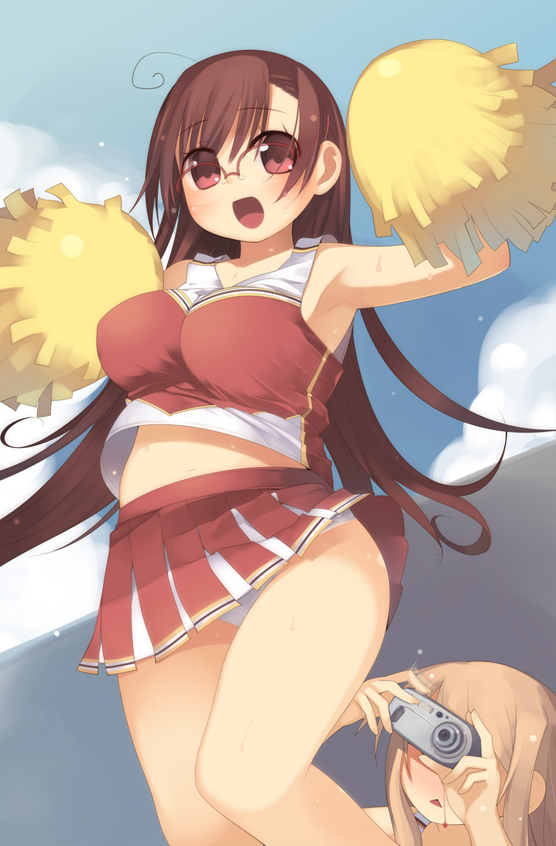 kashiwamochi yomogi, arima senka, arima senne, original, 2girls, ahoge, armpits, blood, breasts, brown hair, camera, cheerleader, female pervert, glasses, hinnuu-san, large breasts, long hair, multiple girls, nosebleed, panties, pervert, plump, pom pom (cheerleading), red eyes, underwear
