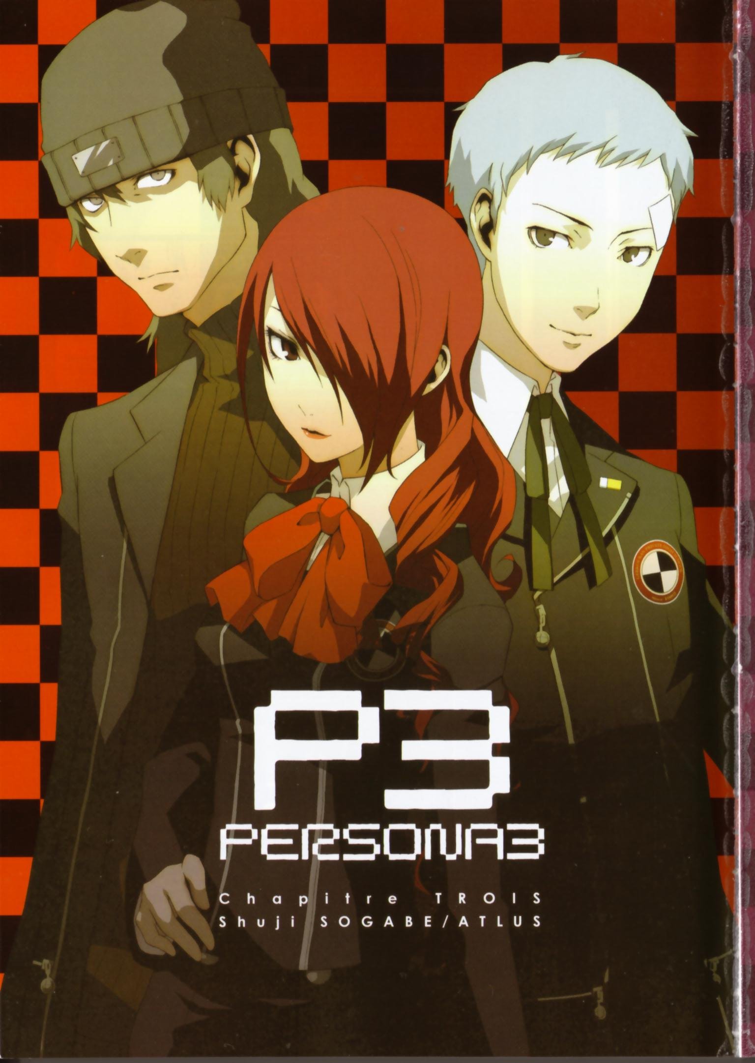 sogabe shuuji, aragaki shinjirou, kirijou mitsuru, sanada akihiko, atlus, persona, persona 3, highres, scan, 1girl, 2boys, beanie, brown eyes, brown hair, hair over one eye, hat, long hair, multiple boys, red eyes, s.e.e.s, school uniform, short hair, white hair