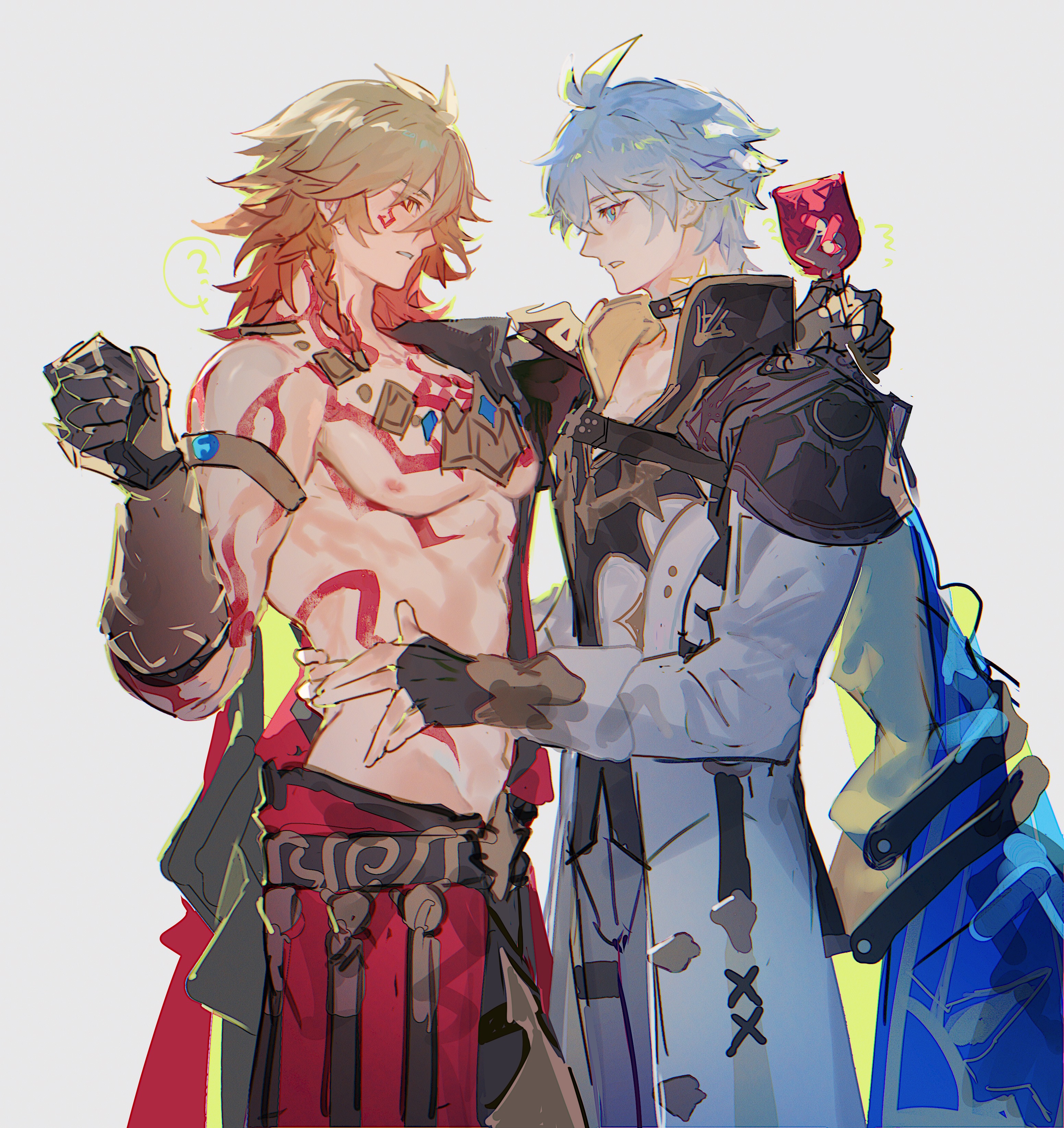 dichlorvos, mydei (honkai: star rail), phainon (honkai: star rail), honkai: star rail, honkai (series), absurdres, chinese commentary, commentary request, highres, 2boys, abs, antenna hair, arm tattoo, armlet, black choker, black coat, black pants, black shirt, blonde hair, blue cape, blue eyes, braid, cape, chest tattoo, choker, clawed gauntlets, coat, cup, facial tattoo, from side, gold necklace, gradient hair, grey background, hands on another's waist, holding, holding cup, jewelry, male focus, medium hair, multicolored hair, multiple boys, neck tattoo, necklace, open clothes, open coat, pants, parted bangs, profile, red cape, red hair, red tattoo, shirt, short hair, side braid, side cape, simple background, tattoo, toned, toned male, white coat, white hair, yaoi, yellow eyes