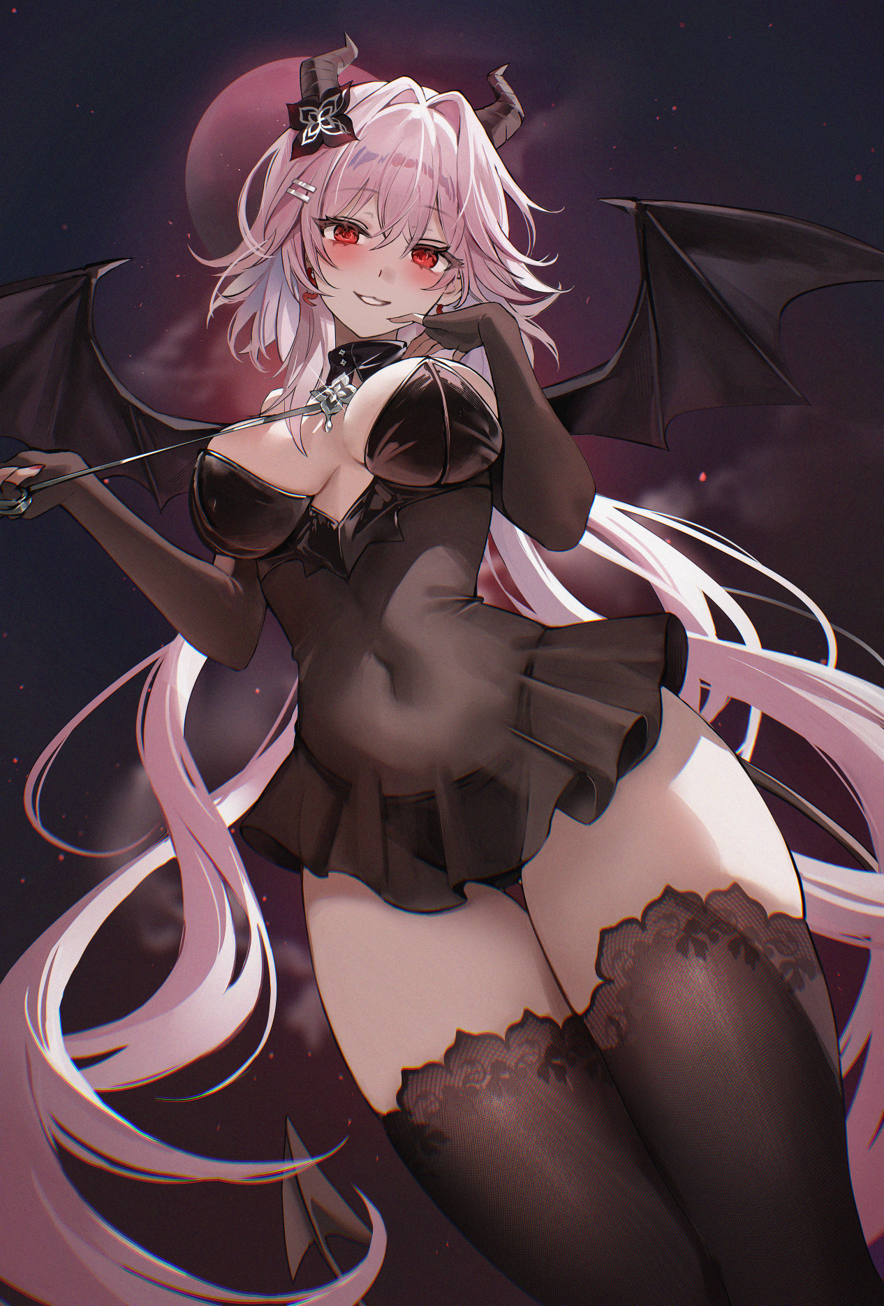 zije, evernight (honkai: star rail), march 7th (honkai: star rail), honkai: star rail, honkai (series), commentary, highres, 1girl, black dress, black flower, black thighhighs, blush, breasts, cowboy shot, demon horns, demon wings, dress, earrings, floral print, flower, grin, hair between eyes, hair flower, hair ornament, hairclip, horns, jewelry, large breasts, long hair, navel, night, night sky, parallel hairclips, pink hair, red eyes, see-through clothes, sky, smile, solo, thighhighs, thighs, very long hair, wings