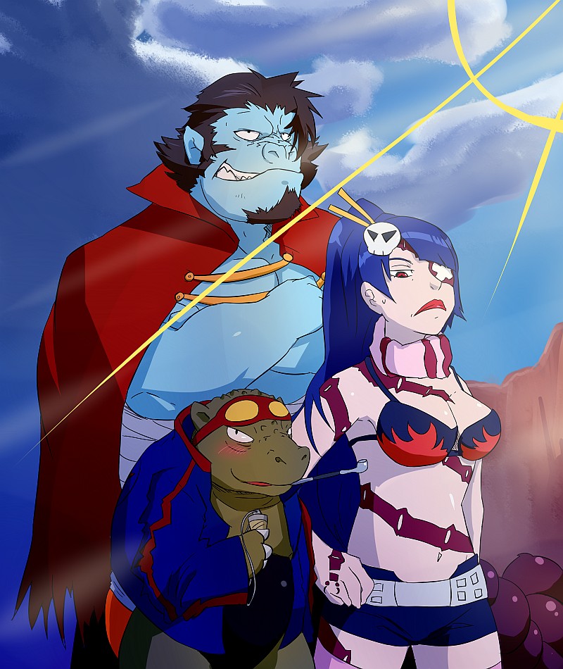 adiane, guame, kamina (ttgl), simon (ttgl), thymilph, yoko littner, tengen toppa gurren lagann, bad id, bad pixiv id, 1girl, bikini, bikini top only, blue hair, breasts, cape, cleavage, cosplay, eyepatch, goggles, goggles on head, hair ornament, hairclip, kamina (cosplay), kiseru, lipstick, makeup, medium breasts, pipe in mouth, ponytail, shorts, simon (cosplay), smoking pipe, swimsuit, tattoo, yoko littner (cosplay)