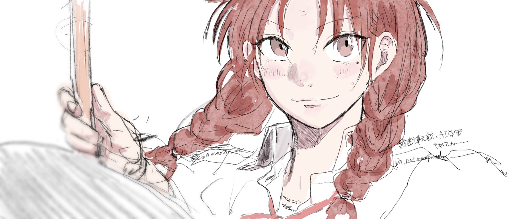 uchida momo, futsuu no keion-bu, commentary, highres, symbol-only commentary, 1girl, braid, brown eyes, brown hair, closed mouth, collared shirt, drumsticks, head out of frame, holding, holding drumsticks, long hair, mole, mole under eye, neck ribbon, portrait, red ribbon, ribbon, shirt, simple background, smile, solo, twin braids, twintails, twitter username, wahaha (somenon r), white background, white shirt