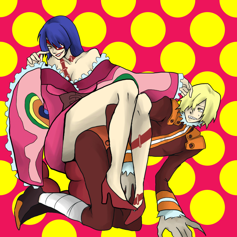 majime (scantyxxx), adiane, viral (ttgl), tengen toppa gurren lagann, bad id, bad pixiv id, 00s, 1boy, 1girl, blue hair, breasts, cleavage, couple, dress, eyepatch, femdom, hetero, high heels, human chair, human furniture, large breasts, lipstick, makeup, shoes, sitting, sitting on person, tattoo