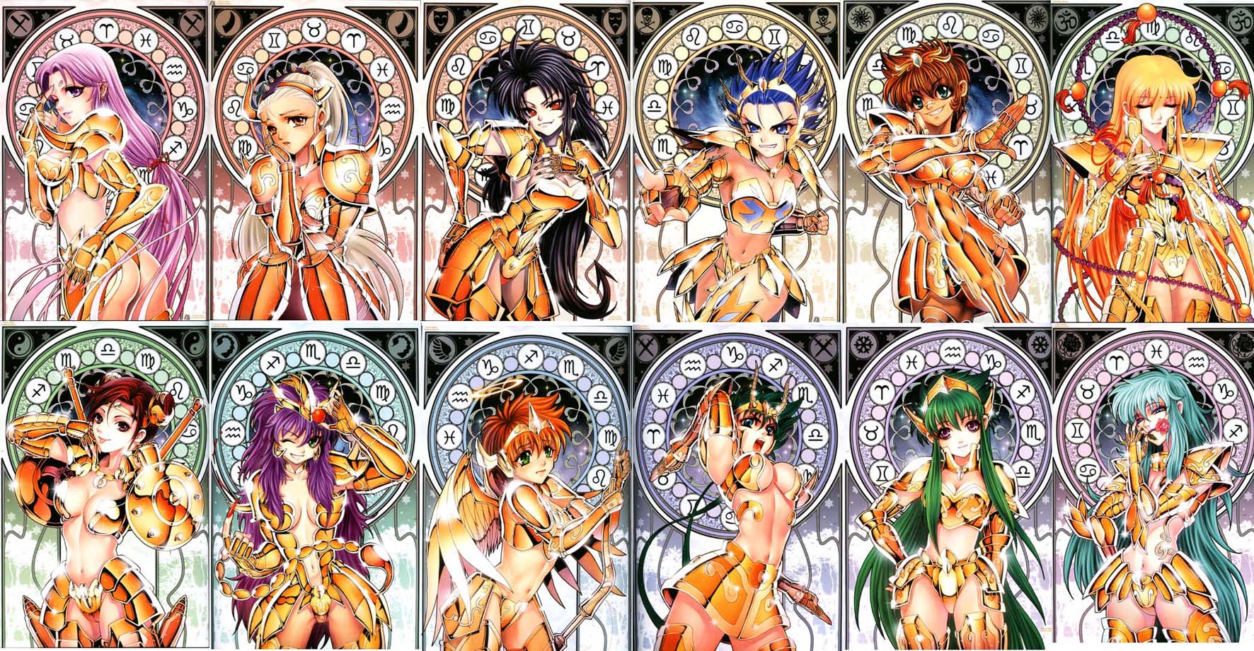 future studio (artist), mu fengchun, aquarius camus, aries muu, cancer deathmask, capricorn shura, gemini saga, leo aiolia, libra douko, pisces aphrodite, sagittarius aioros, scorpio milo, taurus aldebaran, virgo shaka, saint seiya, light purple hair, highres, 6+girls, :p, adapted costume, angel, angel wings, aqua hair, aquarius (symbol), aquarius (zodiac), aries (symbol), aries (zodiac), armor, ass, beads, bikini armor, black hair, blonde hair, blue eyes, blue hair, boots, breasts, brown eyes, cancer (symbol), cancer (zodiac), capricorn (symbol), capricorn (zodiac), cleavage, closed eyes, double bun, everyone, fang, fangs, female focus, fighting stance, flower, gemini (symbol), gemini (zodiac), genderswap, genderswap (mtf), gold armor, green eyes, green hair, hair bun, halo, hand on own hip, helm, helmet, hip focus, large breasts, leo (symbol), leo (zodiac), libra (symbol), libra (zodiac), long hair, magic circle, medium breasts, midriff, multiple girls, navel, one eye closed, pink hair, pisces (symbol), pisces (zodiac), pointing, ponytail, prayer beads, purple hair, red eyes, red hair, rosary, rose, sagittarius (symbol), sagittarius (zodiac), scorpio (symbol), scorpio (zodiac), scorpion, shield, short hair, sitting, smile, spiked hair, tail, taurus (symbol), taurus (zodiac), tears, thigh boots, thighhighs, tongue, tongue out, very long hair, virgo (symbol), virgo (zodiac), weapon, wings, wink, zodiac