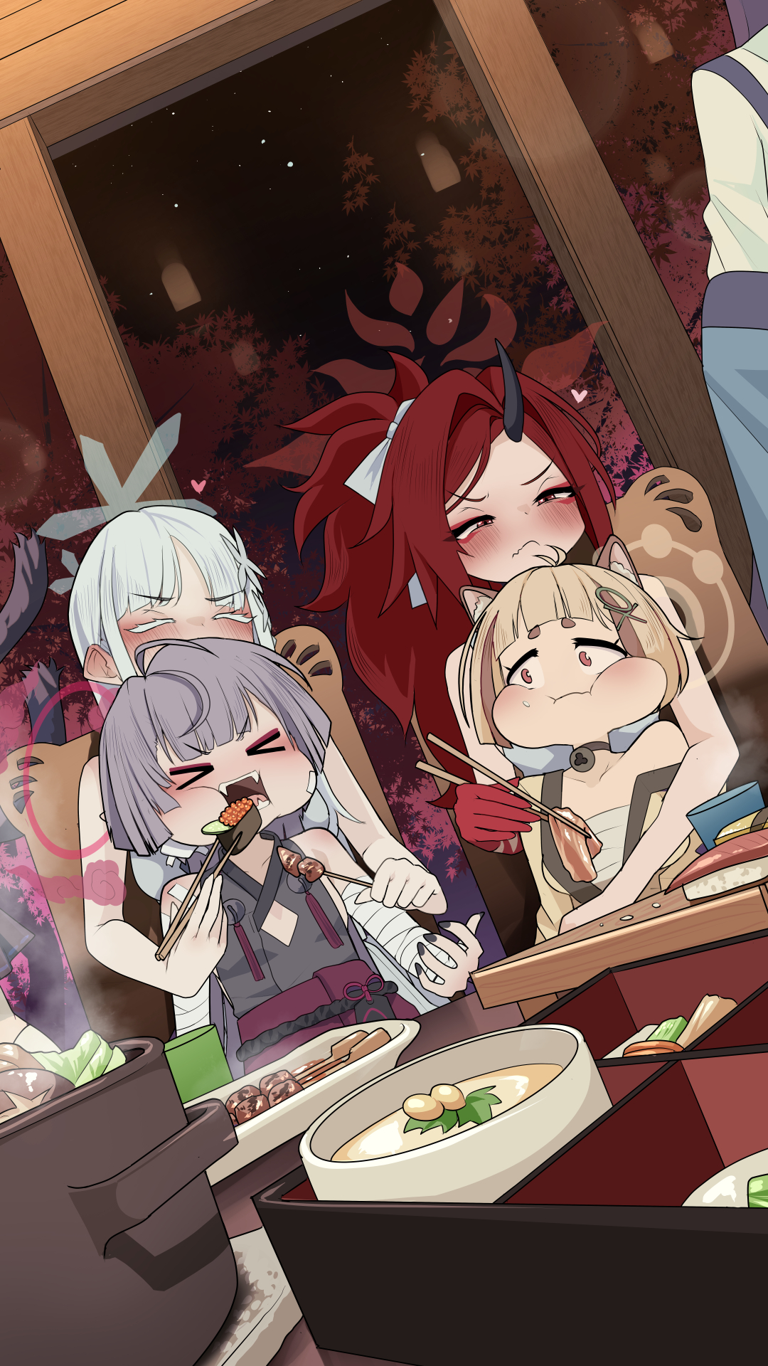 monobe yuri, arata (blue archive), kikyou (blue archive), nagusa (blue archive), renge (blue archive), shuro (blue archive), blue archive, highres, 5girls, animal ears, bandaged arm, bandages, black horns, blonde hair, brown streaks, cat tail, chest sarashi, chopsticks, eating, food, gauze, gauze on cheek, gauze on face, grey hair, halo, holding, holding chopsticks, holding food, holding with chopsticks, horns, japanese clothes, kimono, long hair, multiple girls, multiple tails, ponytail, raccoon ears, raccoon girl, red eyes, red hair, red halo, sarashi, short hair, sideless kimono, single horn, sitting, sitting on lap, sitting on person, snowflake halo, tail, two tails, very long hair, white hair, white halo, yellow kimono
