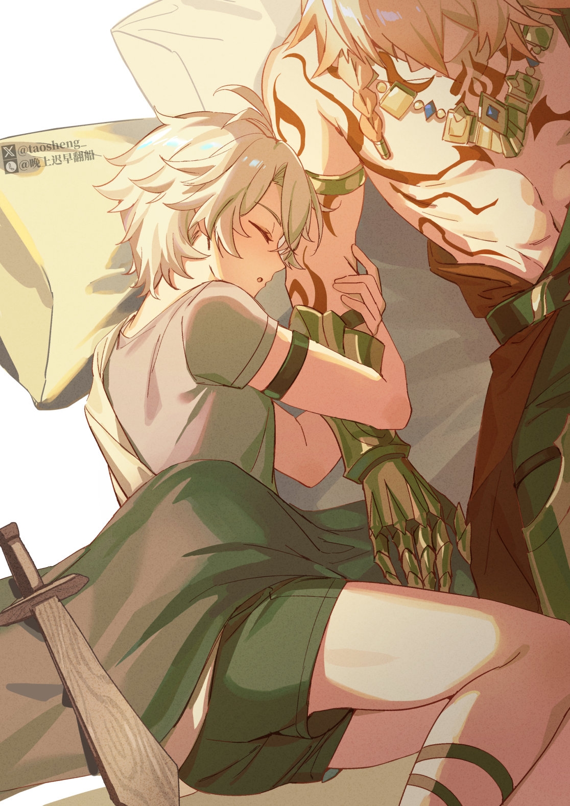 mydei (honkai: star rail), phainon (a dream scented in wheat) (honkai: star rail), phainon (honkai: star rail), honkai: star rail, honkai (series), commentary, highres, symbol-only commentary, 2boys, antenna hair, arm tattoo, armband, armlet, black armband, black pants, black shorts, blonde hair, braid, chest tattoo, choker, clawed gauntlets, closed eyes, facial tattoo, from side, gold necklace, gradient hair, grey shirt, jewelry, lofter username, male focus, medium hair, multicolored hair, multiple boys, necklace, official alternate costume, on bed, pants, parted bangs, red hair, red tattoo, shirt, short hair, short sleeves, shorts, side braid, sword, tattoo, twitter username, wanshangchizaofanchuan, weapon, white hair, wooden sword, yaoi