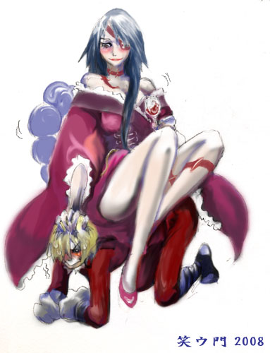 woyuki, adiane, viral (ttgl), tengen toppa gurren lagann, lowres, 00s, 2008, bare shoulders, blue hair, breasts, cleavage, corset, dress, eyepatch, femdom, human chair, human furniture, legs, lipstick, long hair, makeup, red eyes, scorpion tail, sitting, sitting on person, tail, tattoo, year