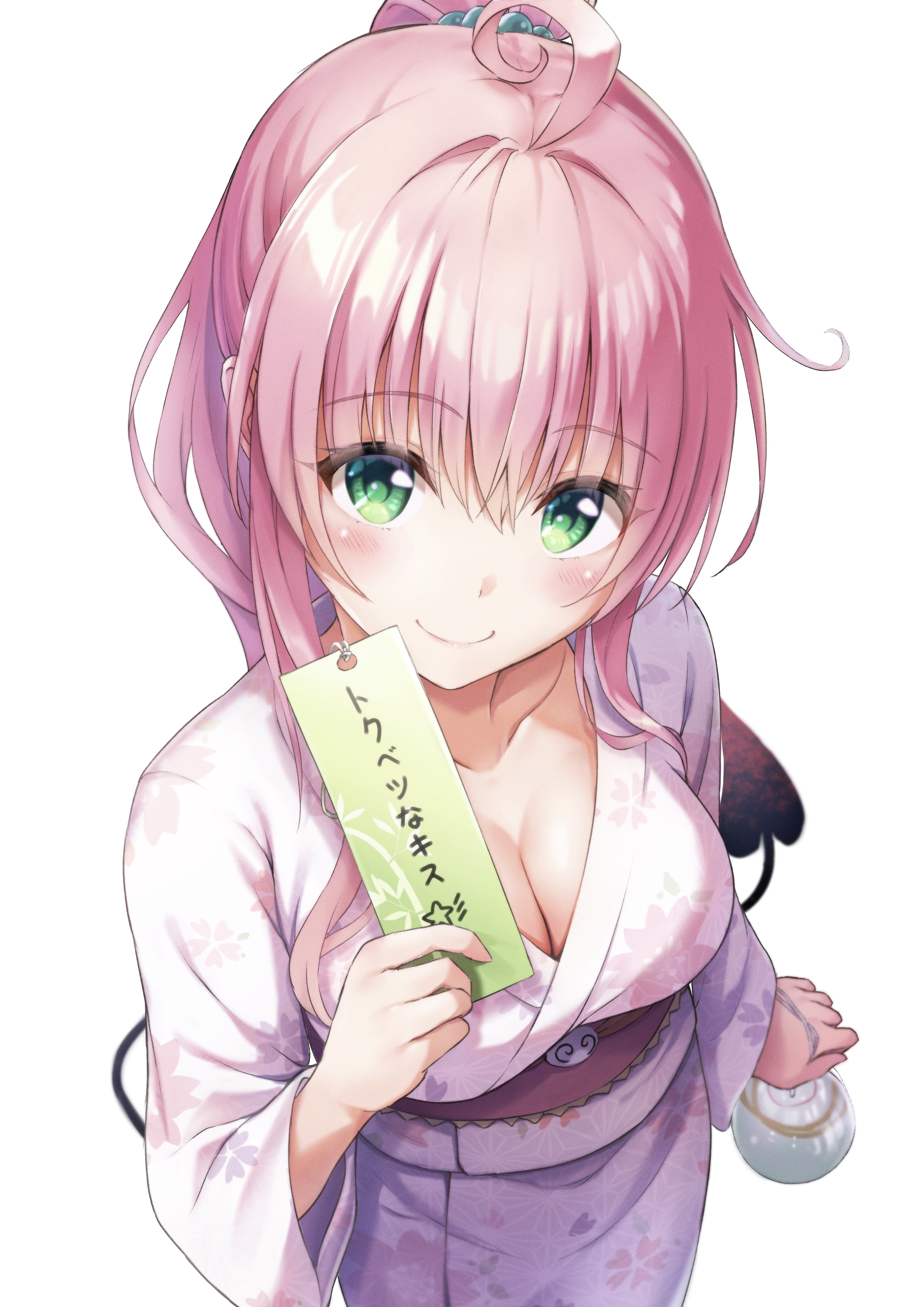 lita illust, lala satalin deviluke, peke (to love-ru), to love-ru, absurdres, commentary request, highres, translated, 1girl, ahoge, alternate costume, alternate hairstyle, bag, bagged fish, blush, breasts, c:, cherry blossom print, cleavage, closed mouth, collarbone, demon girl, demon tail, eyes visible through hair, fish, floral print, floral print kimono, green eyes, hair between eyes, hand up, high ponytail, holding, holding tanzaku, japanese clothes, kimono, long hair, long sleeves, looking at viewer, medium breasts, obi, pink hair, pink kimono, ponytail, print kimono, sash, simple background, smile, solo, tail, tanabata, tanzaku, white background, wide sleeves, yukata