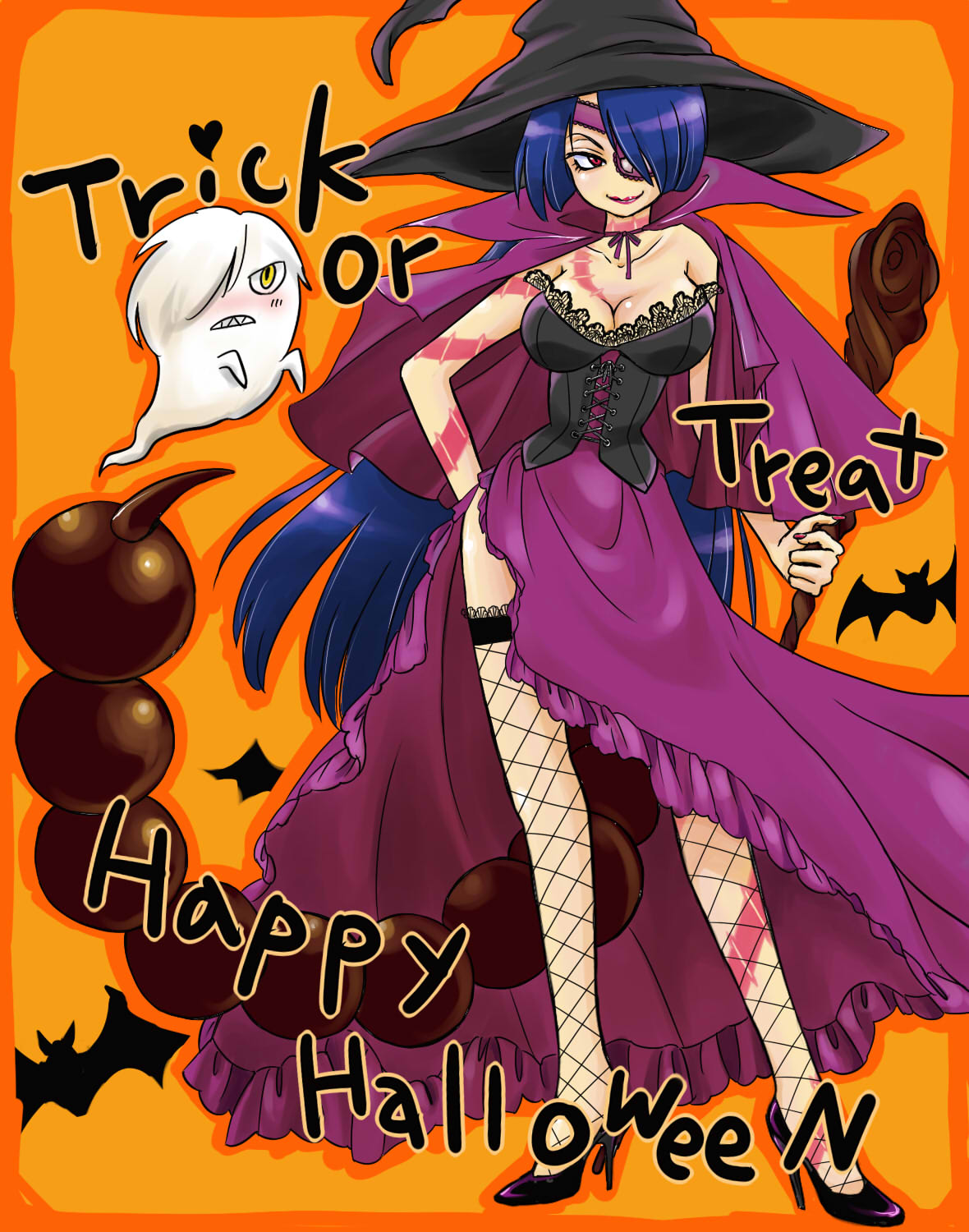 neko yuuko, adiane, viral (ttgl), tengen toppa gurren lagann, highres, 00s, 1girl, blue hair, breasts, broom, cleavage, corset, dress, eyepatch, fishnets, ghost, halloween, happy halloween, hat, high heels, lipstick, makeup, medium breasts, orange background, red eyes, shoes, tattoo, thighhighs, trick or treat, witch, witch hat