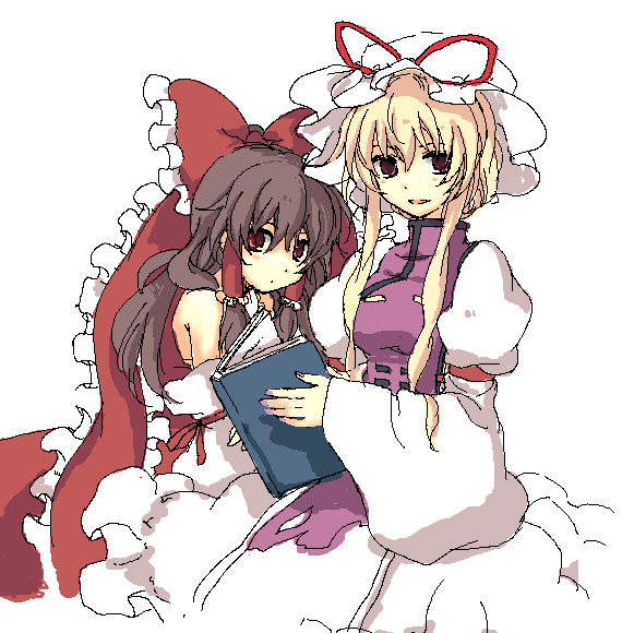 akarino, akarino (yucco), hakurei reimu, yakumo yukari, touhou, 2girls, blonde hair, brown hair, female focus, hat, long hair, multiple girls, red eyes