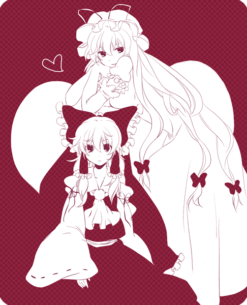 akarino, akarino (yucco), hakurei reimu, yakumo yukari, touhou, bad id, bad pixiv id, 2girls, ascot, blending, bow, dress, elbow gloves, female focus, gloves, hair bow, hair tubes, heart, monochrome, multiple girls, polka dot, polka dot background, red background, red theme, skirt, skirt set