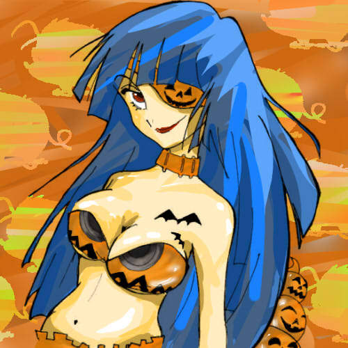 konoka1123, adiane, boota (ttgl), tengen toppa gurren lagann, lowres, 00s, 1girl, blue hair, breasts, cleavage, eyepatch, female focus, halloween, large breasts, red eyes, solo, tattoo