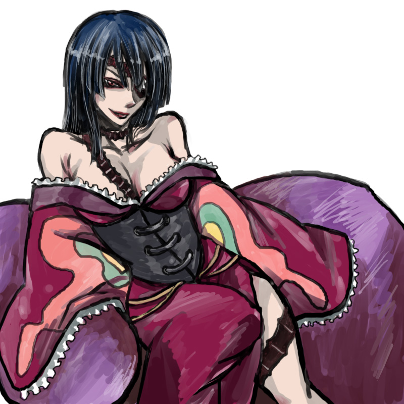 adiane, boota (ttgl), tengen toppa gurren lagann, bad id, bad pixiv id, 00s, 1girl, bare shoulders, blue hair, breasts, cleavage, corset, dress, eyepatch, female focus, frills, halloween, large breasts, lipstick, makeup, red eyes, smile, solo, tattoo