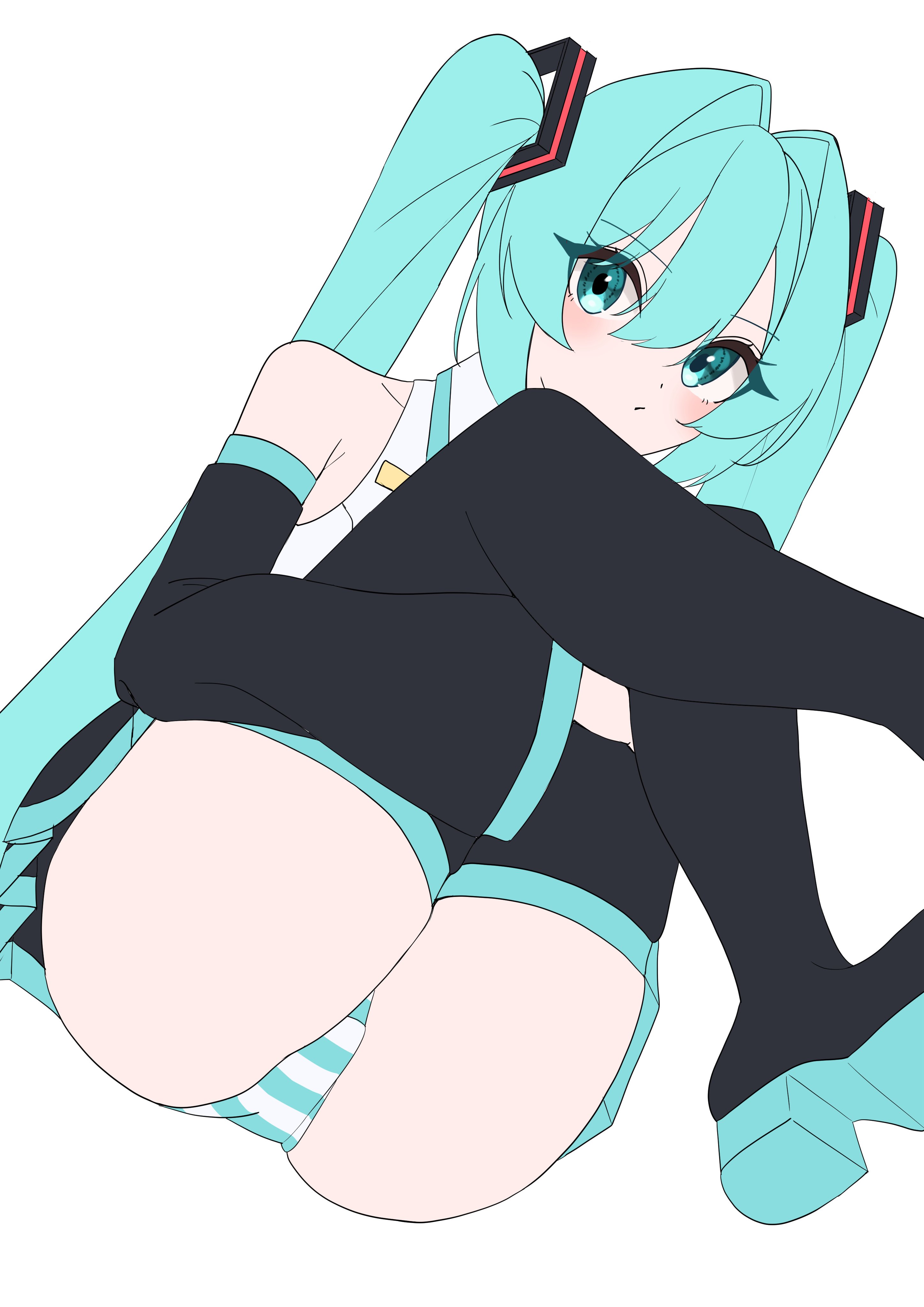 amaama (beccyonaika1), hatsune miku, vocaloid, absurdres, highres, 1girl, black skirt, black thighhighs, blue eyes, blue hair, detached sleeves, looking at viewer, miniskirt, multicolored panties, on ground, panties, shirt, simple background, sitting, skirt, sleeveless, sleeveless shirt, striped clothes, striped panties, thighhighs, twintails, underwear, white background