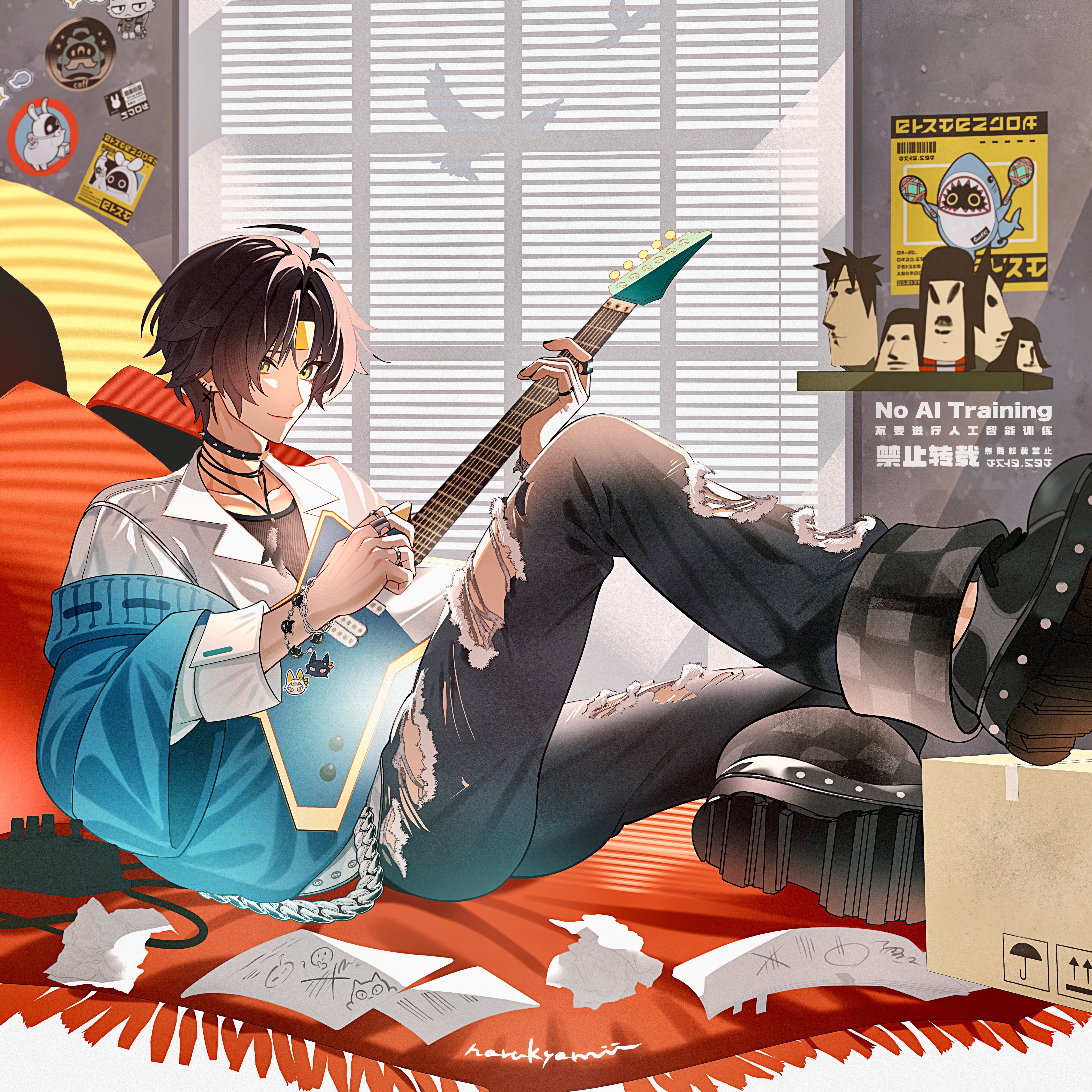 naru9, asaba harumasa, zenless zone zero, absurdres, highres, 1boy, bird, black hair, black nails, black shirt, black shoes, blue sweater, box, bracelet, cardboard box, chain, collar, earrings, electric guitar, figure, guitar, headband, holding, holding guitar, holding instrument, holding plectrum, indoors, instrument, jewelry, leaning on object, looking at viewer, multiple rings, music, necklace, off-shoulder sweater, off shoulder, pants, paper, pillow, playing instrument, plectrum, poster (object), red carpet, ring, shelf, shirt, shoes, short hair, sitting, smile, solo, spiked collar, spikes, sweater, torn clothes, torn pants, white shirt, window, yellow headband