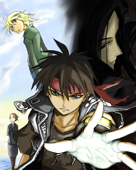 yuuki (yuuki333), cleo everlastin, constance magee, orphen, uys els ito egum ed gorgon, majutsushi orphen, 1girl, 3boys, black hair, blonde hair, fingerless gloves, gloves, headband, multiple boys
