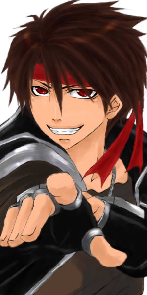 wadumi, orphen, majutsushi orphen, bad id, bad pixiv id, 1boy, brown hair, close-up, fingerless gloves, gloves, grin, headband, jacket, jewelry, male focus, necklace, pointing, red hair, smile, solo