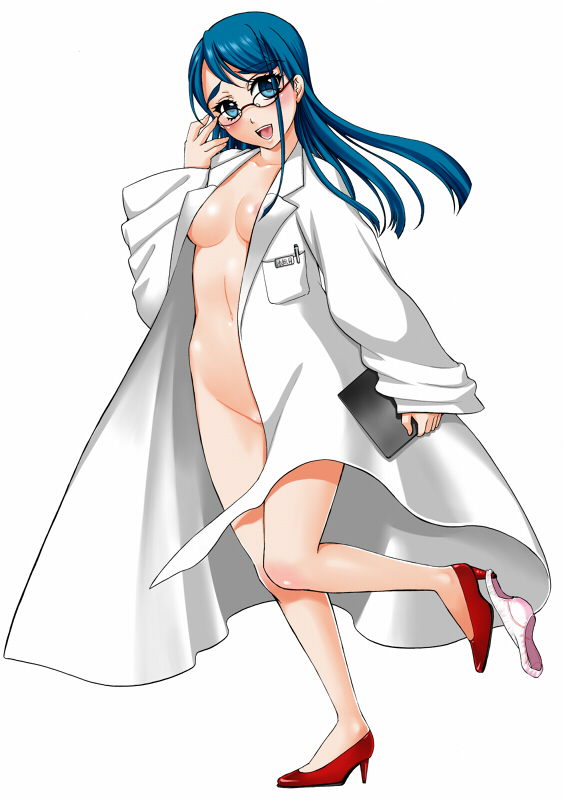 yamada ichizoku, minazuki karen, precure, yes! precure 5, 00s, 1girl, blue eyes, blue hair, blush, clipboard, coat, female focus, glasses, high heels, lab coat, long hair, matching hair/eyes, naked lab coat, navel, nude, object in pocket, open clothes, open coat, open mouth, panties, panties around leg, pen in pocket, pocket, shoes, solo, underwear