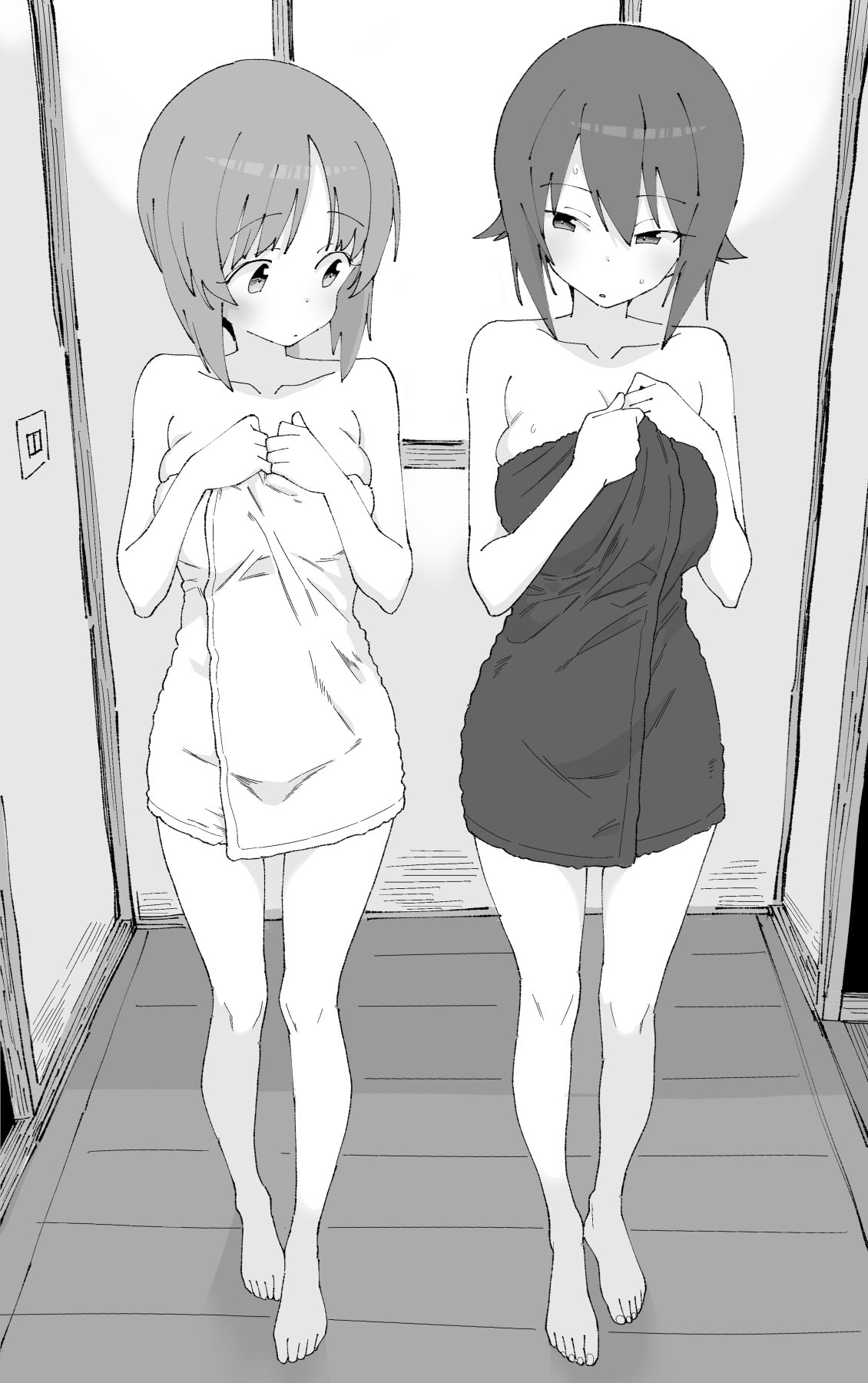 henyaan (oreizm), nishizumi maho, nishizumi miho, girls und panzer, highres, 2girls, breasts, greyscale, large breasts, looking at another, looking at breasts, monochrome, multiple girls, naked towel, short hair, standing, towel