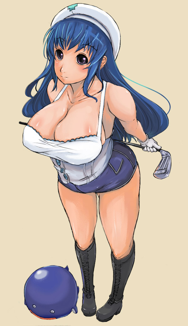 nomiya37564, arin (pangya), dolfini (pangya), pangya, 1girl, blue hair, boots, breasts, cleavage, female focus, huge breasts, shorts, solo