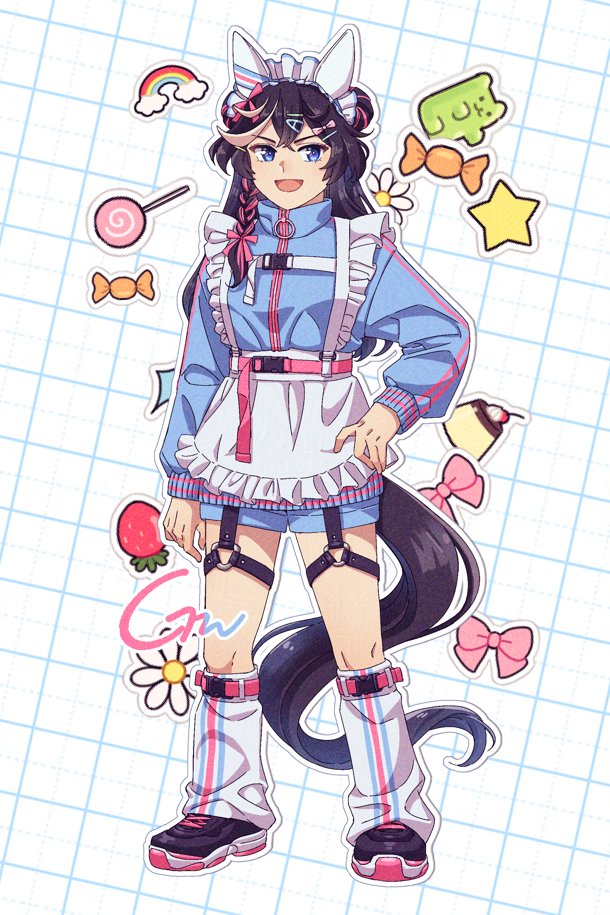 gaman, katsuragi ace (umamusume), umamusume, absurdres, commentary request, highres, 1girl, alternate costume, alternate hairstyle, animal ears, apron, arm at side, black hair, black shoes, blue eyes, blue jacket, blue shorts, double bun, ear covers, ear ornament, full body, hair between eyes, hair bun, hair ornament, hairclip, hand on own hip, horse ears, horse girl, horse tail, jacket, jersey maid, long hair, long sleeves, loose socks, maid, maid apron, open mouth, shoes, shorts, simple background, smile, sneakers, socks, solo, tail, thigh strap, unconventional maid, white background