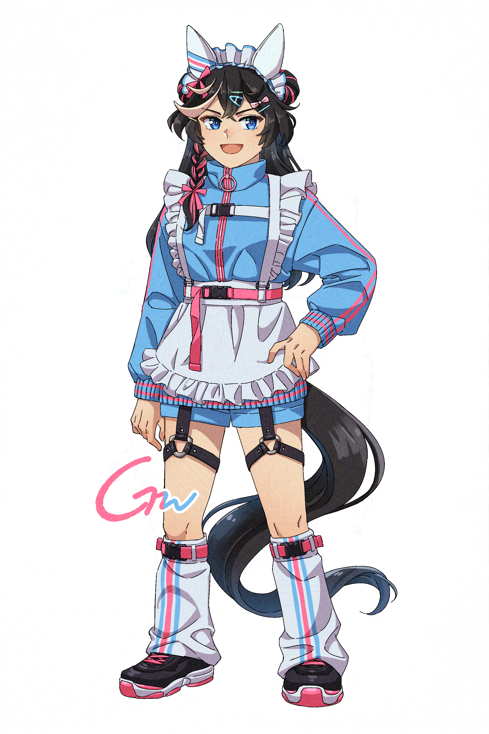 gaman, katsuragi ace (umamusume), umamusume, absurdres, commentary request, highres, 1girl, alternate costume, alternate hairstyle, animal ears, apron, arm at side, black hair, black shoes, blue eyes, blue jacket, blue shorts, double bun, ear covers, ear ornament, full body, hair between eyes, hair bun, hair ornament, hairclip, hand on own hip, horse ears, horse girl, horse tail, jacket, jersey maid, long hair, long sleeves, loose socks, maid, maid apron, open mouth, shoes, shorts, signature, simple background, smile, sneakers, socks, solo, tail, thigh strap, unconventional maid, white background