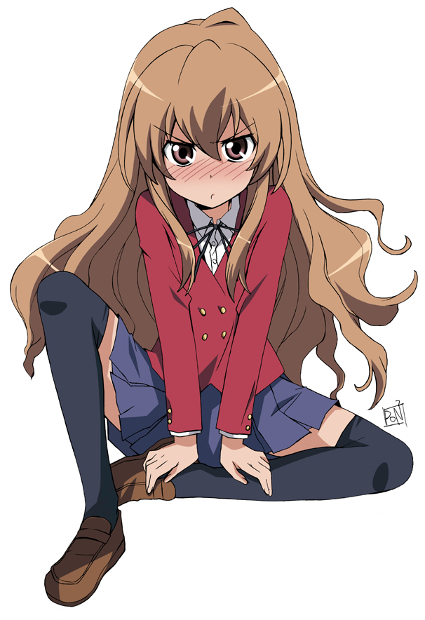 ponpon, aisaka taiga, toradora!, 00s, black thighhighs, brown eyes, brown hair, brown shoes, long hair, school uniform, shoes, simple background, sitting, solo, thighhighs, white background, zettai ryouiki