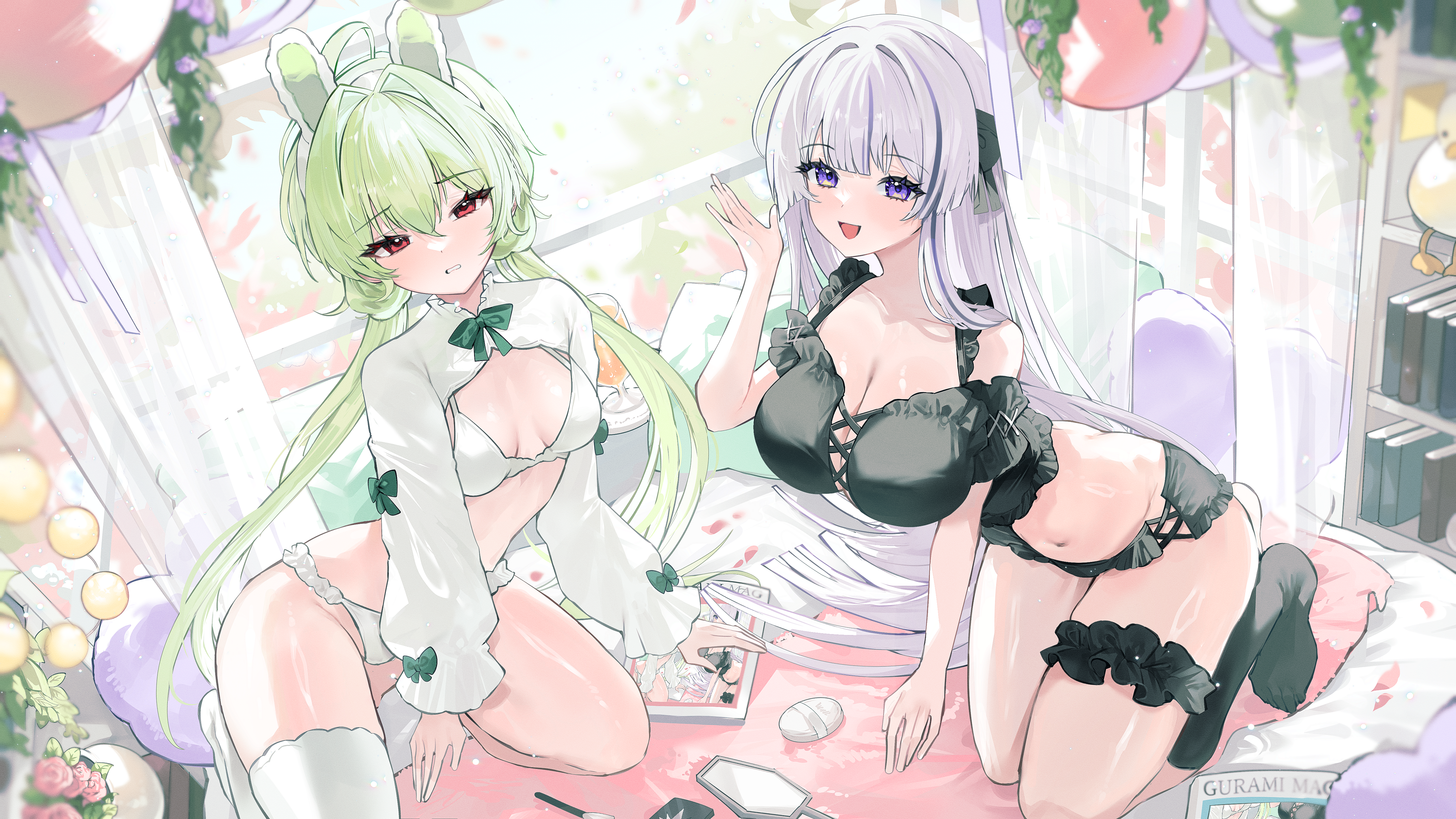 gurami (zangizarang), original, absurdres, highres, 2girls, animal ear hairband, animal ears, black socks, blue eyes, bookshelf, bow, breasts, breasts apart, cleavage, collarbone, curtains, fake animal ears, frilled sleeves, frills, green bow, green hair, grimace, hair intakes, hairband, hand mirror, indoors, kneeling, large breasts, leaning forward, lingerie, long hair, long sleeves, looking at viewer, low twintails, magazine (object), makeup brush, medium breasts, mirror, multicolored hair, multiple girls, on bed, open mouth, pillow, purple hair, red eyes, shrug (clothing), single sock, single thighhigh, smile, socks, squatting, streaked hair, thighhighs, twintails, underwear, very long hair, white thighhighs, window