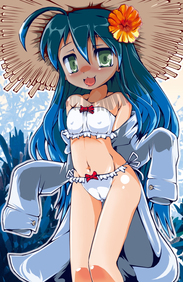 sukiyo, izumi konata, lucky star, 00s, 1girl, :3, ahoge, bikini, bra, cameltoe, coat, covered erect nipples, female focus, flower, green eyes, hat, lingerie, open mouth, panties, shade, solo, straw hat, swimsuit, trench coat, underwear, undressing, white bikini
