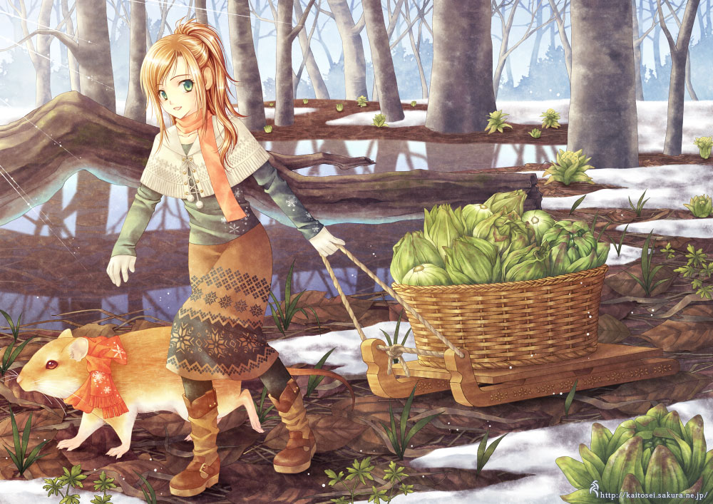 yue natsuki, copyright request, 1girl, artichoke (food), basket, black pantyhose, blonde hair, boots, brown boots, buckle, butterbur, capelet, day, female focus, food, forest, from side, gloves, green eyes, hair over shoulder, high ponytail, knit skirt, leaf, long hair, long sleeves, looking at viewer, mini person, minigirl, mouse (animal), nature, orange scarf, outdoors, pantyhose, parted lips, pom pom (clothes), ponytail, print scarf, puddle, pulling, reflection, rope, scarf, skirt, sled, smile, snow, snowflake print, solo, sunlight, sweater, swept bangs, tree, vegetable, water, watermark, web address, white gloves