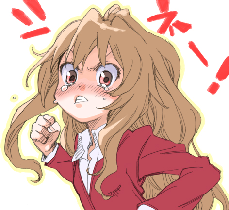 mikami komata, mikami konu, aisaka taiga, toradora!, lowres, 00s, angry, big head, blush, clenched hand, collar, long hair, open collar, punching, shirt, solo, tears, teeth
