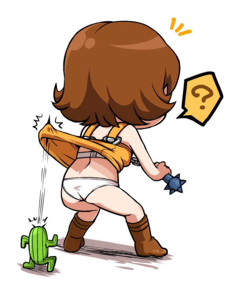 sabotender, selphie tilmitt, final fantasy, final fantasy viii, non-web source, 1girl, ?, ass, boots, bra, brown boots, brown hair, clothes lift, dress, dress lift, from behind, nunchaku, panties, strapless, strapless bra, underwear, upskirt, weapon, white bra, white panties