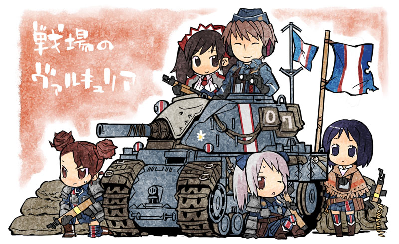 kuma jet, alicia melchiott, brigitte stark, edy nelson, isara gunther, welkin gunther, senjou no valkyria, senjou no valkyria (series), senjou no valkyria 1, vehicle, bad id, bad pixiv id, 00s, 1boy, 4girls, caterpillar tracks, chibi, military, military uniform, military vehicle, motor vehicle, multiple girls, tank