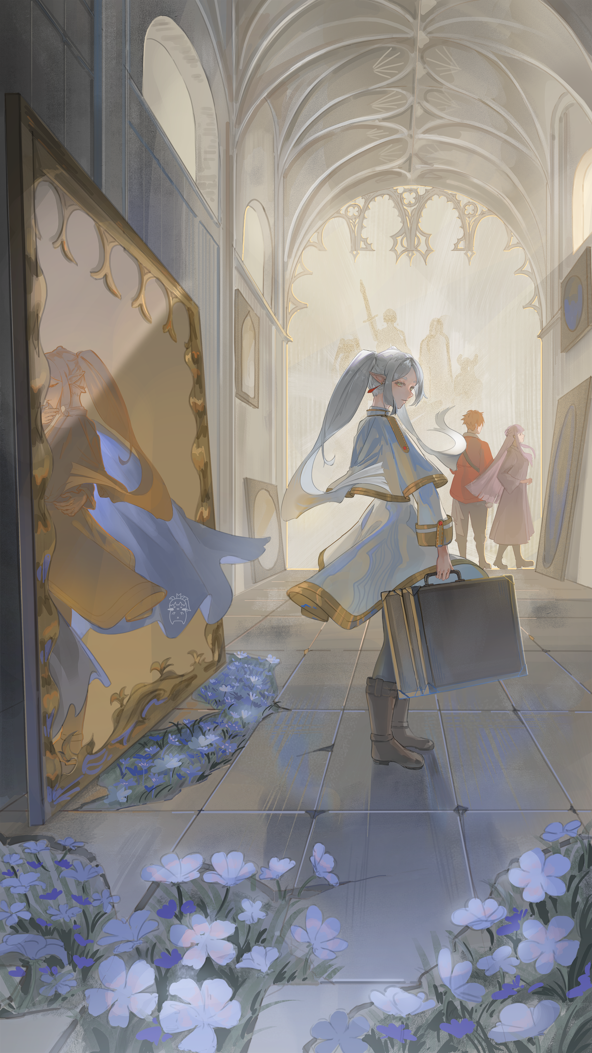 charliehero, fern (sousou no frieren), frieren, stark (sousou no frieren), sousou no frieren, absurdres, commentary, english commentary, highres, 1boy, 2girls, bag, boots, brown boots, different reflection, dress, flower, grey hair, holding, holding bag, indoors, long hair, looking back, multiple girls, pointy ears, reflection, standing, twintails, white dress, white flower