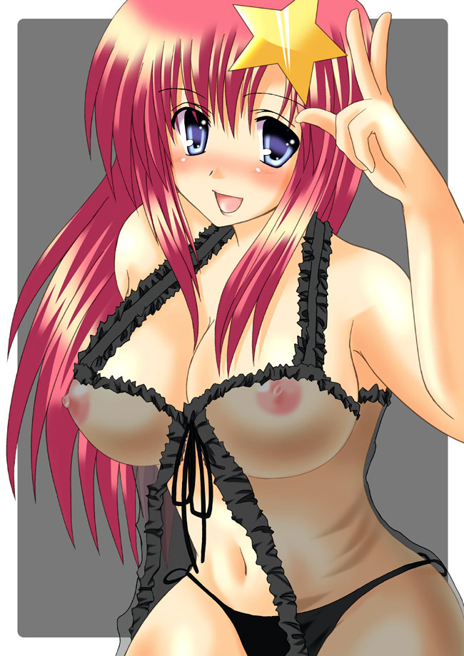kizaki yuuri, meer campbell, gundam, gundam seed, gundam seed destiny, 00s, 1girl, :d, bare shoulders, black panties, blue eyes, blush, breasts, cleavage, female focus, hair ornament, large breasts, lingerie, navel, nipples, open mouth, panties, pink hair, see-through clothes, smile, solo, star (symbol), star hair ornament, underwear
