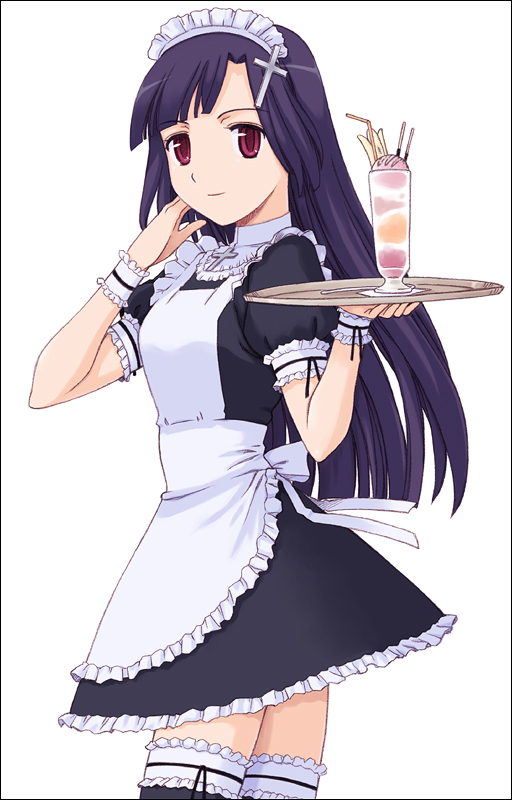 orebalgum, zange, kannagi, 00s, 1girl, black thighhighs, blunt bangs, female focus, food, frilled thigh strap, frills, full body, ice cream, looking at viewer, looking back, maid, maid headdress, red eyes, simple background, solo, sundae, thigh strap, thighhighs, tray, waitress, white background, wrist cuffs, zettai ryouiki