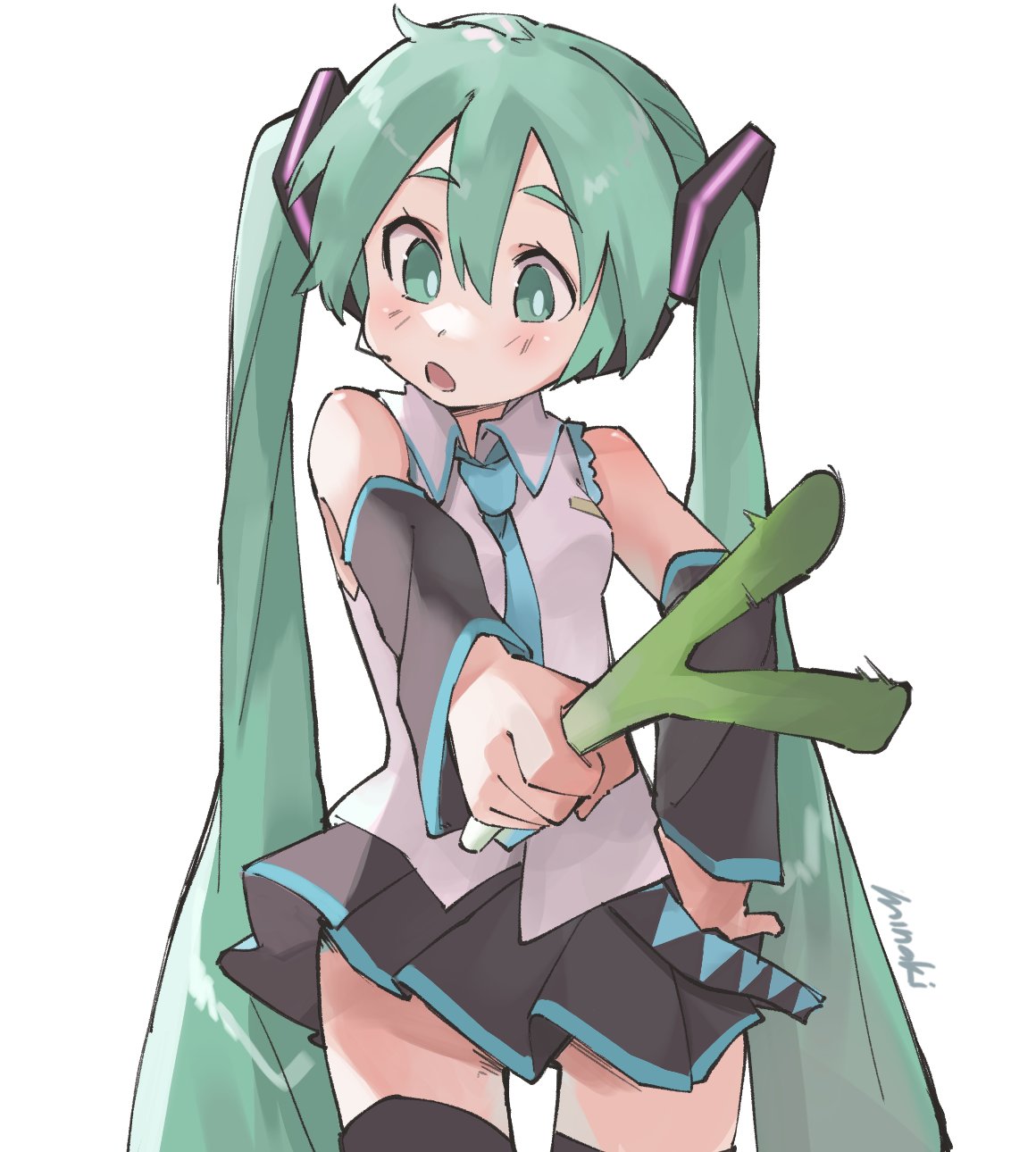 hatsune miku, vocaloid, commentary, english commentary, highres, 1girl, aqua eyes, aqua hair, aqua necktie, artist name, black boots, black skirt, boots, detached sleeves, food, hair between eyes, hand on own hip, headset, holding, holding food, holding spring onion, holding vegetable, long hair, looking at viewer, miku day, minaki aru, necktie, open mouth, pleated skirt, pointing, pointing at viewer, shirt, simple background, skirt, sleeveless, sleeveless shirt, solo, spring onion, thigh boots, vegetable, very long hair, white background, white shirt